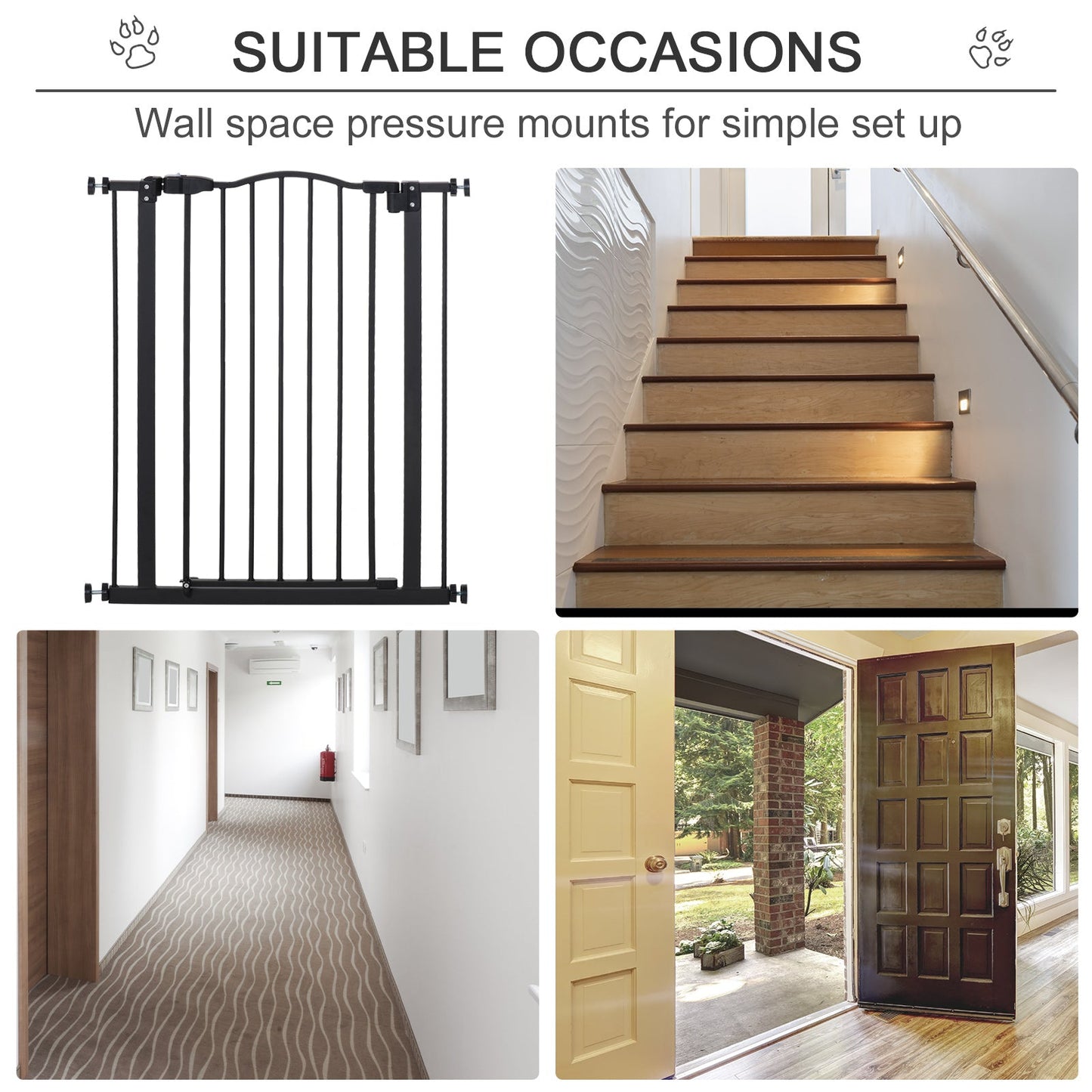 74-84cm Adjustable Metal Pet Gate Safety Barrier w/ Auto-Close Door Black