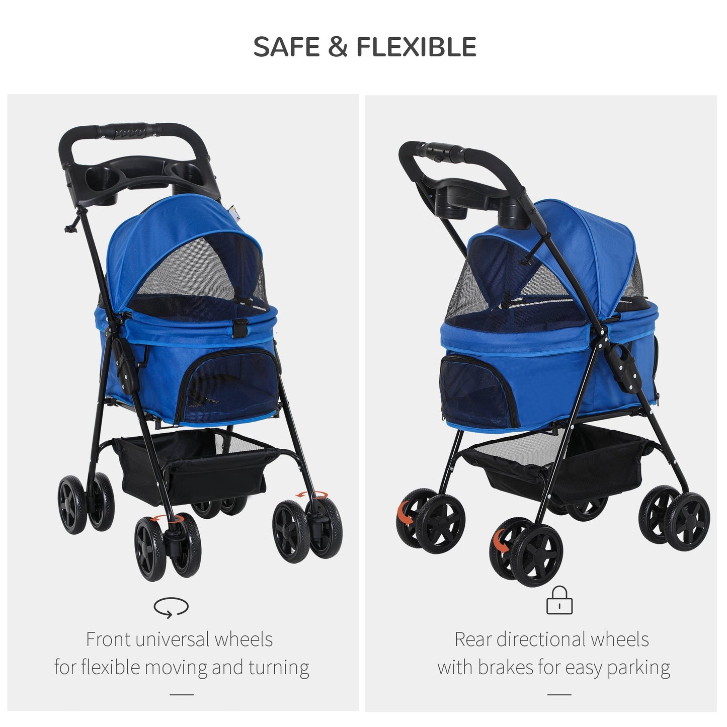 Pet Stroller No-Zip Foldable Travel Carriage with Brake Basket Adjustable Canopy