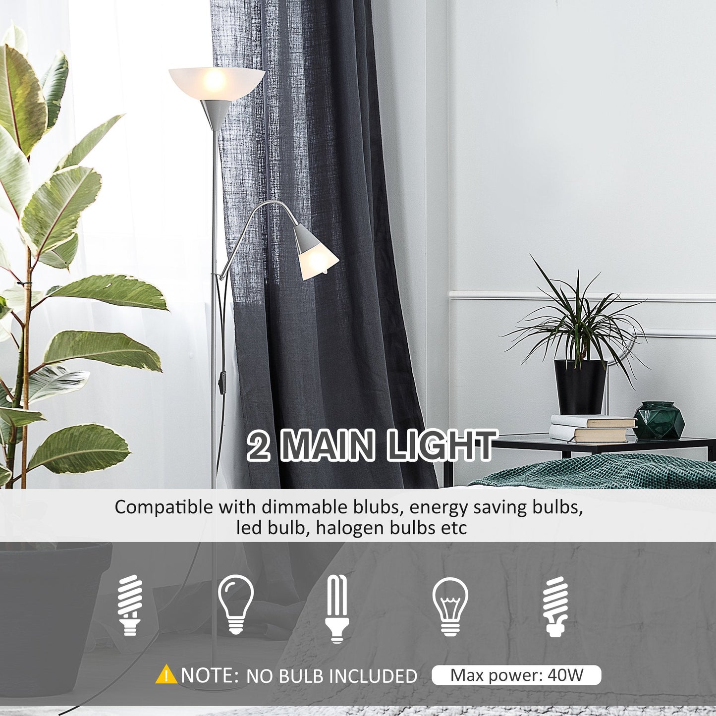 Modern Steel Duo-Head Floor Reading Lamp for Living Room Silver