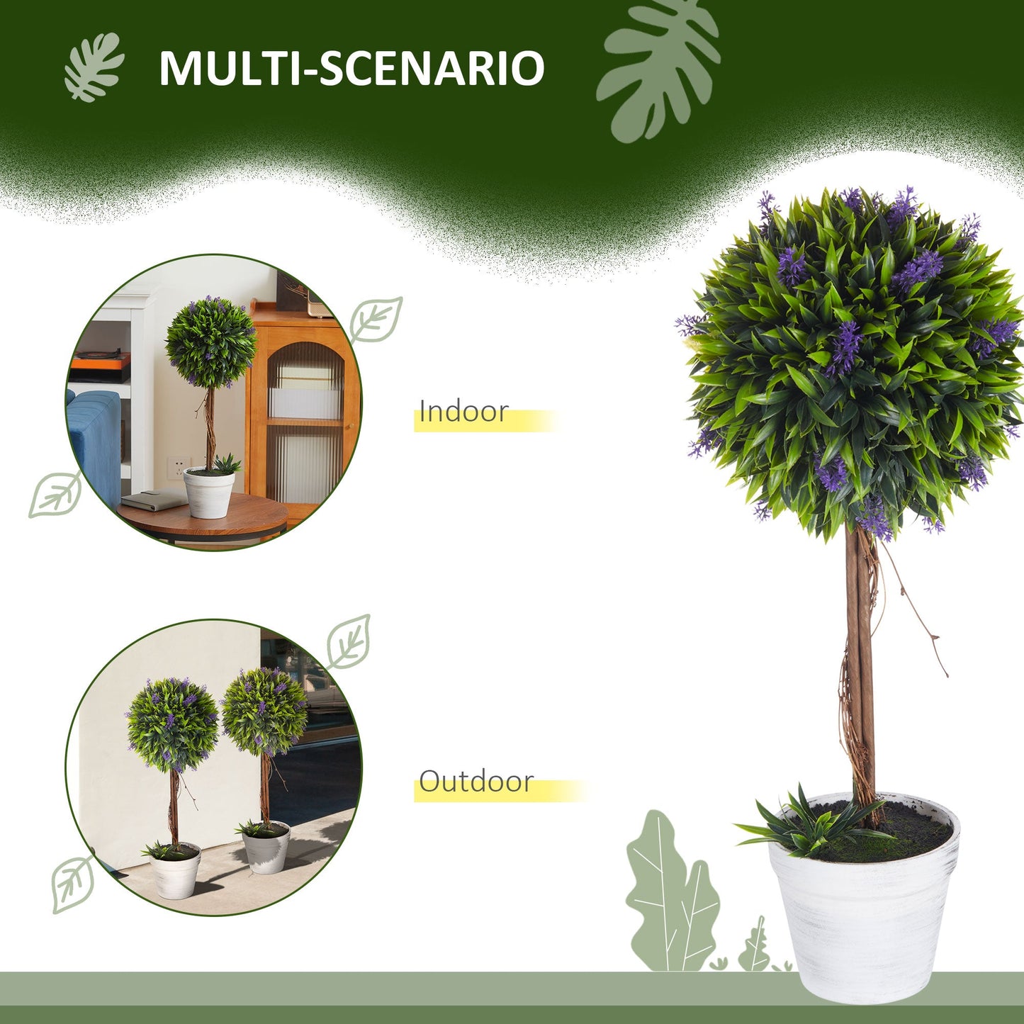 Set of 2 Decorative Artificial Plants Ball Trees with Lavender Flowers in Pot Fake Plants for Home Indoor Outdoor Decor, 60cm