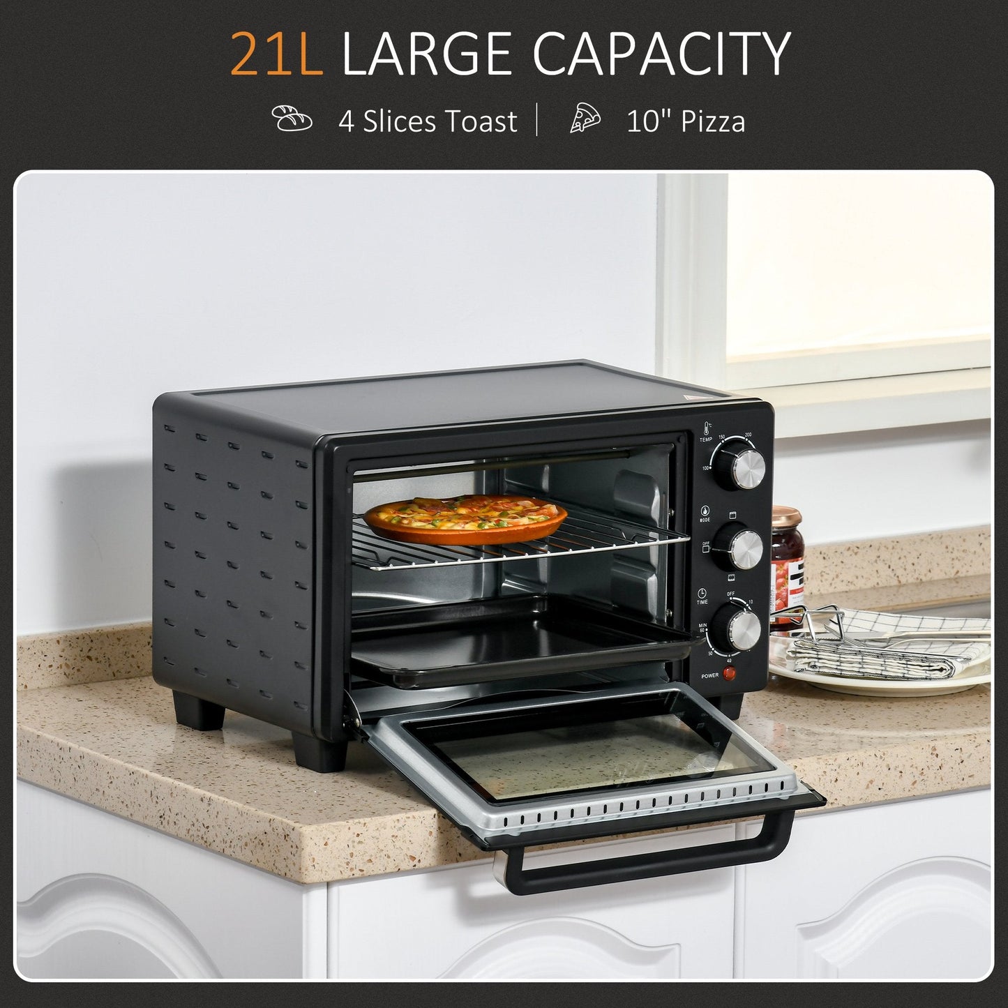 Mini Oven, 21L Countertop Electric Grill, Toaster Oven with Adjustable Temperature, Timer, Baking Tray and Wire Rack, 1400W