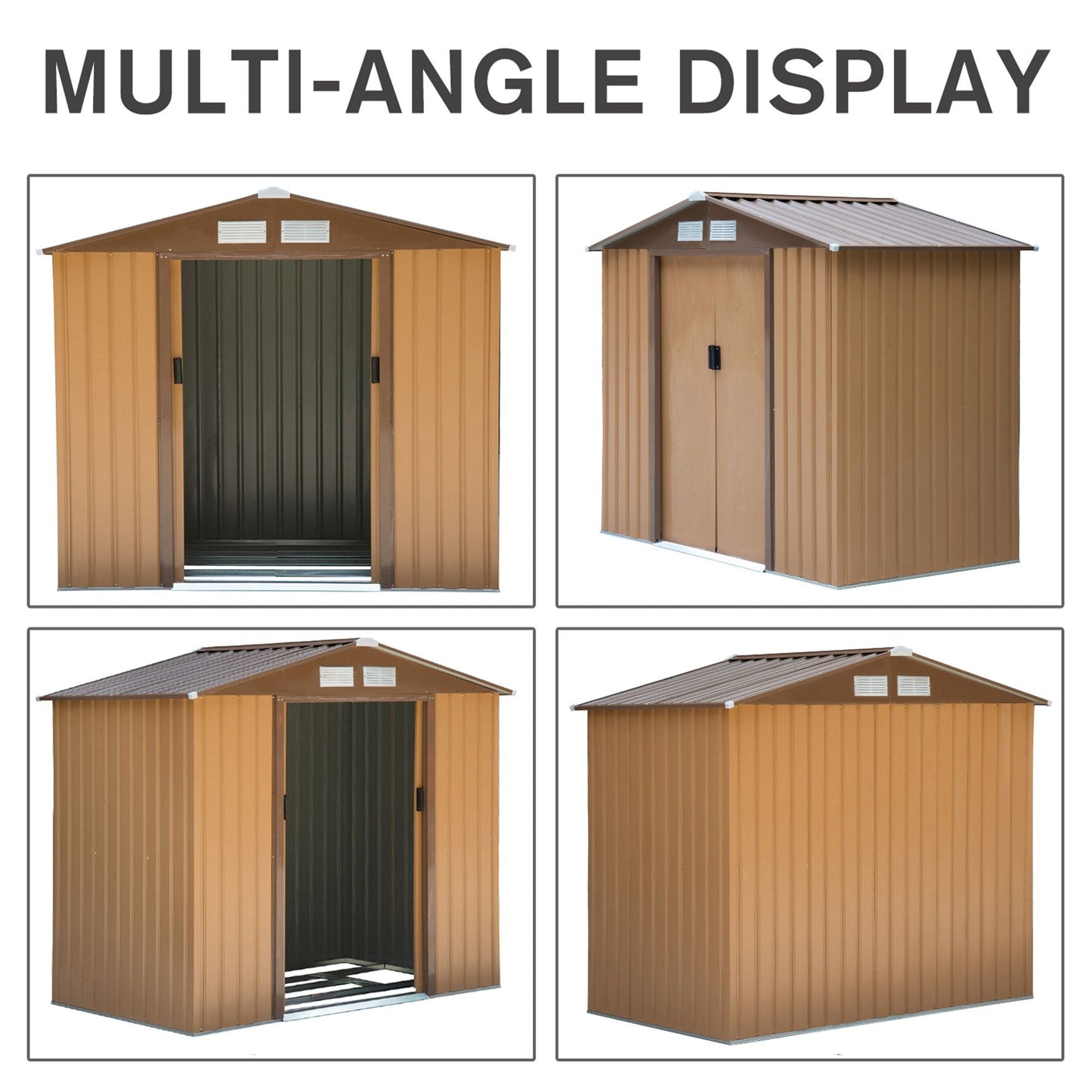 7 x 4ft Lockable Garden Shed Large Patio Roofed Tool Metal Storage Building Foundation Sheds - Khaki