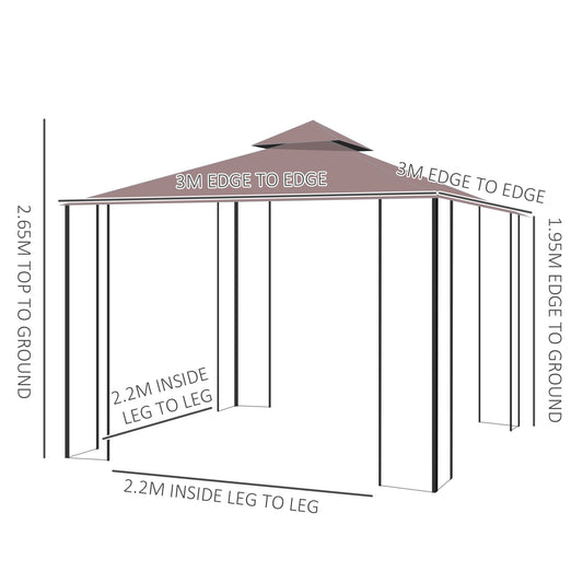 Two-Tier Gazebo with Netting Metal Party Tent Canopy, 3m x3m Coffee Marquee Canopy Pavillion Patio Garden Shelter Steel Frame with mesh sidewall and Water strip Brown
