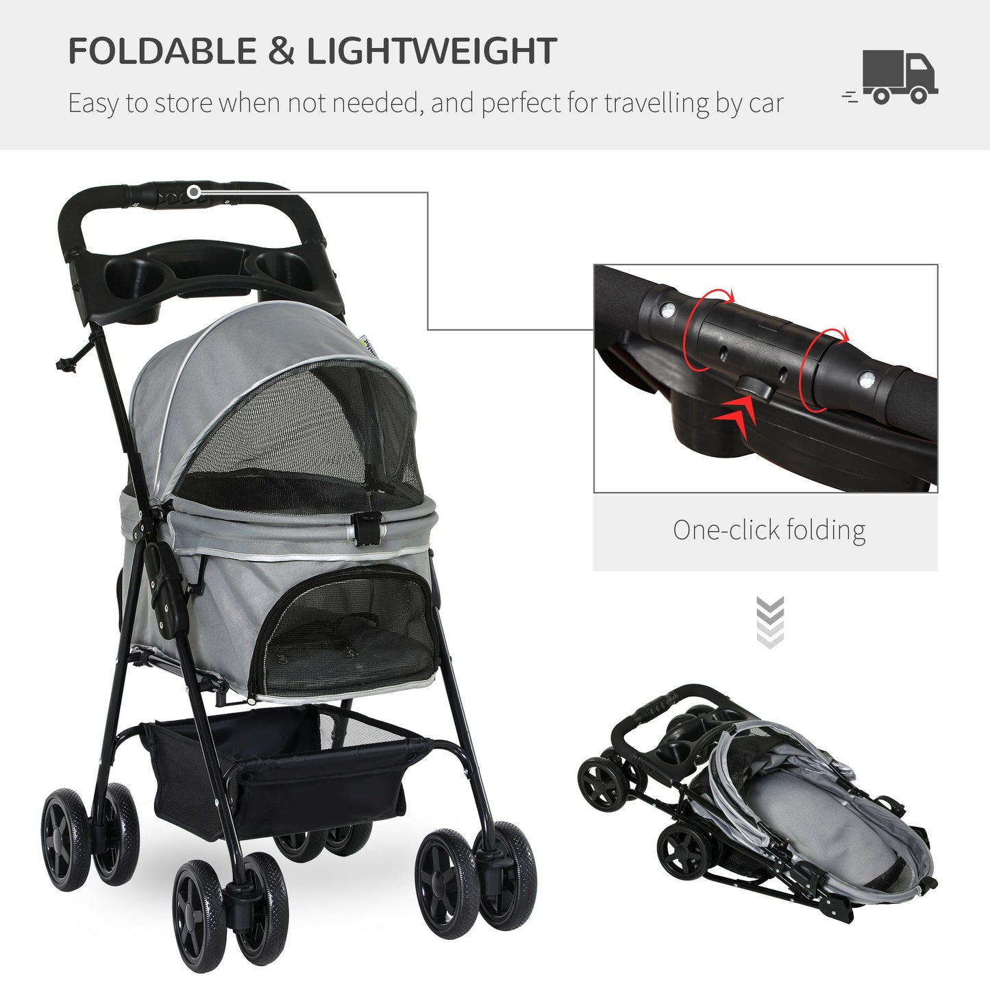 Pet Stroller No-Zip Foldable Travel Carriage with Brake Basket Adjustable Canopy