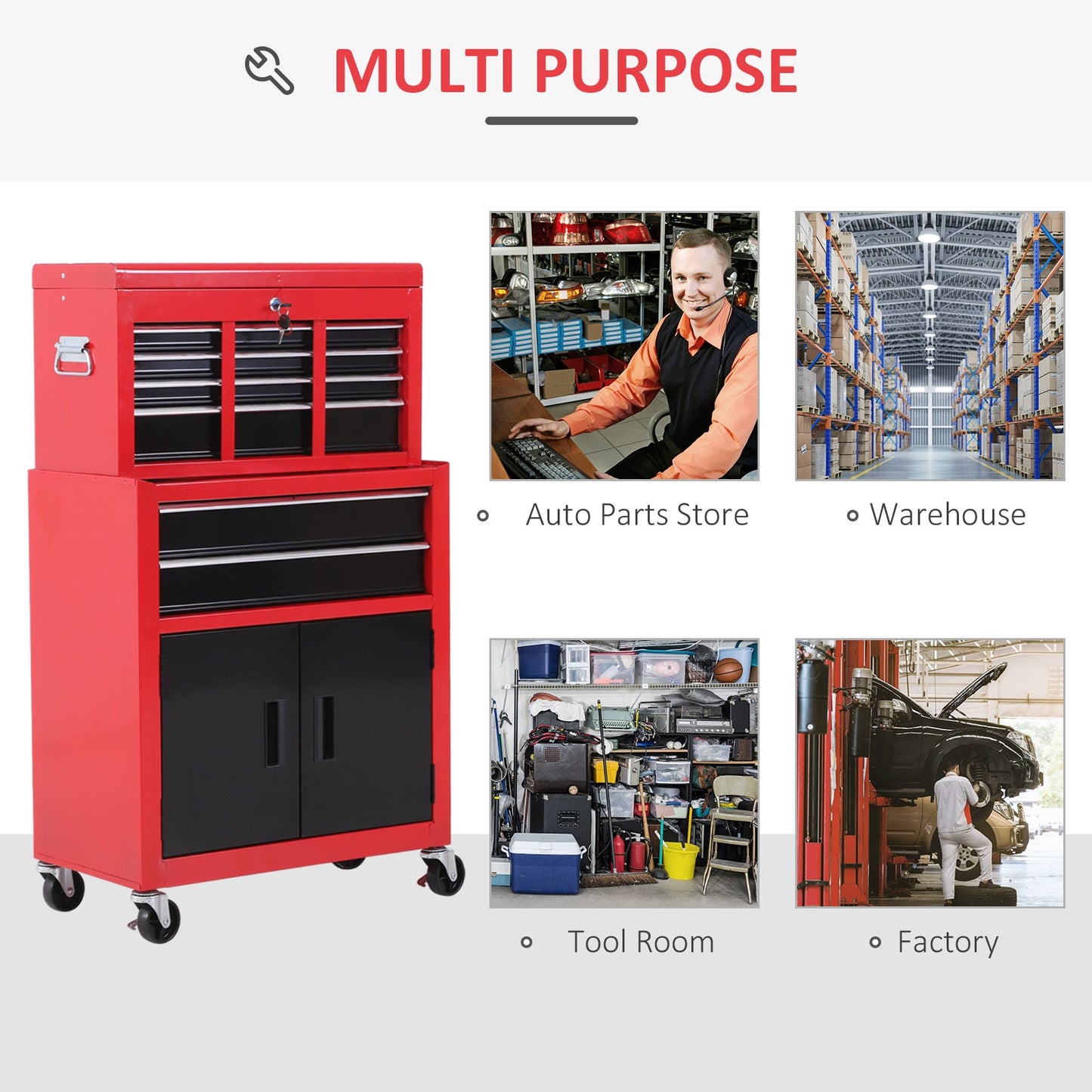Metal ToolboxTrolley Portable Chest Box Rollcab Cabinet Garage Storage 6 Drawers-Black/Red