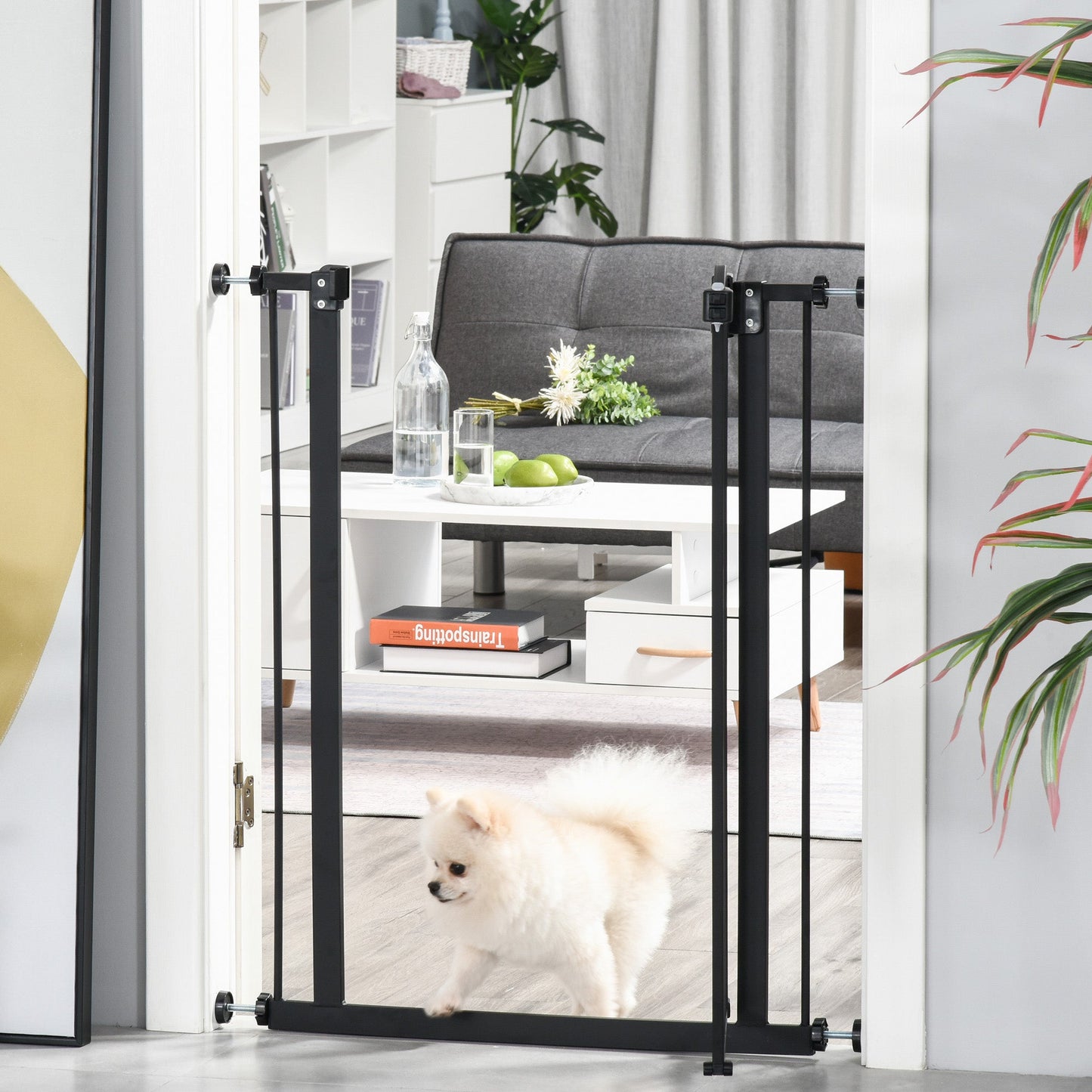 74-84cm Adjustable Metal Pet Gate Safety Barrier w/ Auto-Close Door Black