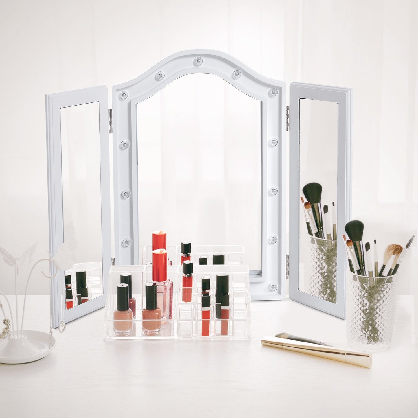 MDF Tri-Fold LED Vanity Mirror w/ 16 Spotlights White