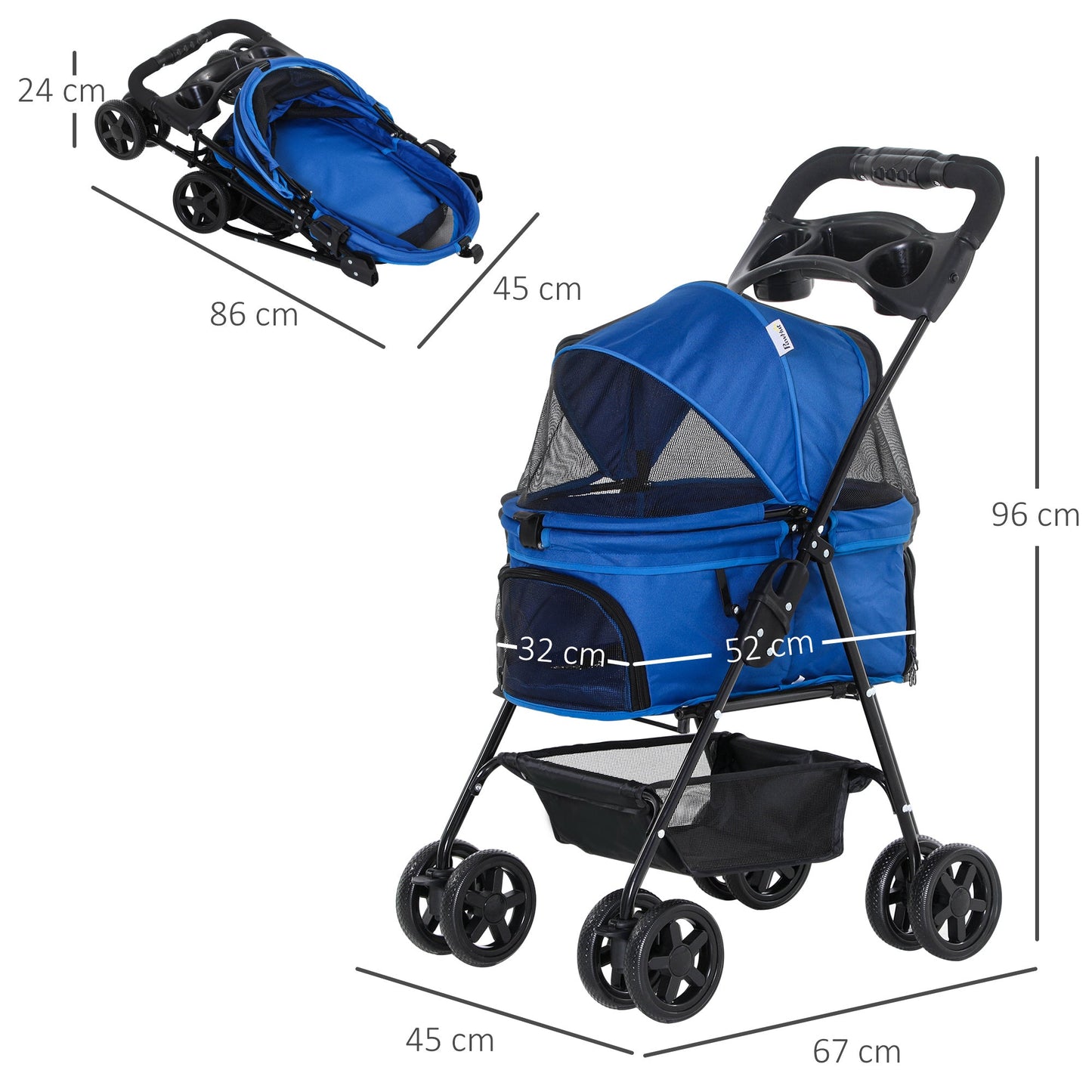 Pet Stroller No-Zip Foldable Travel Carriage with Brake Basket Adjustable Canopy