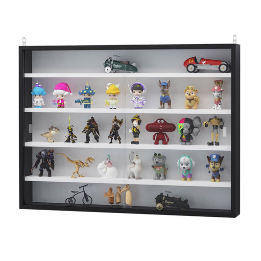 5-Tier Wall Display Shelf Cabinet w/ Adjustable Shelves Glass Doors Black/White