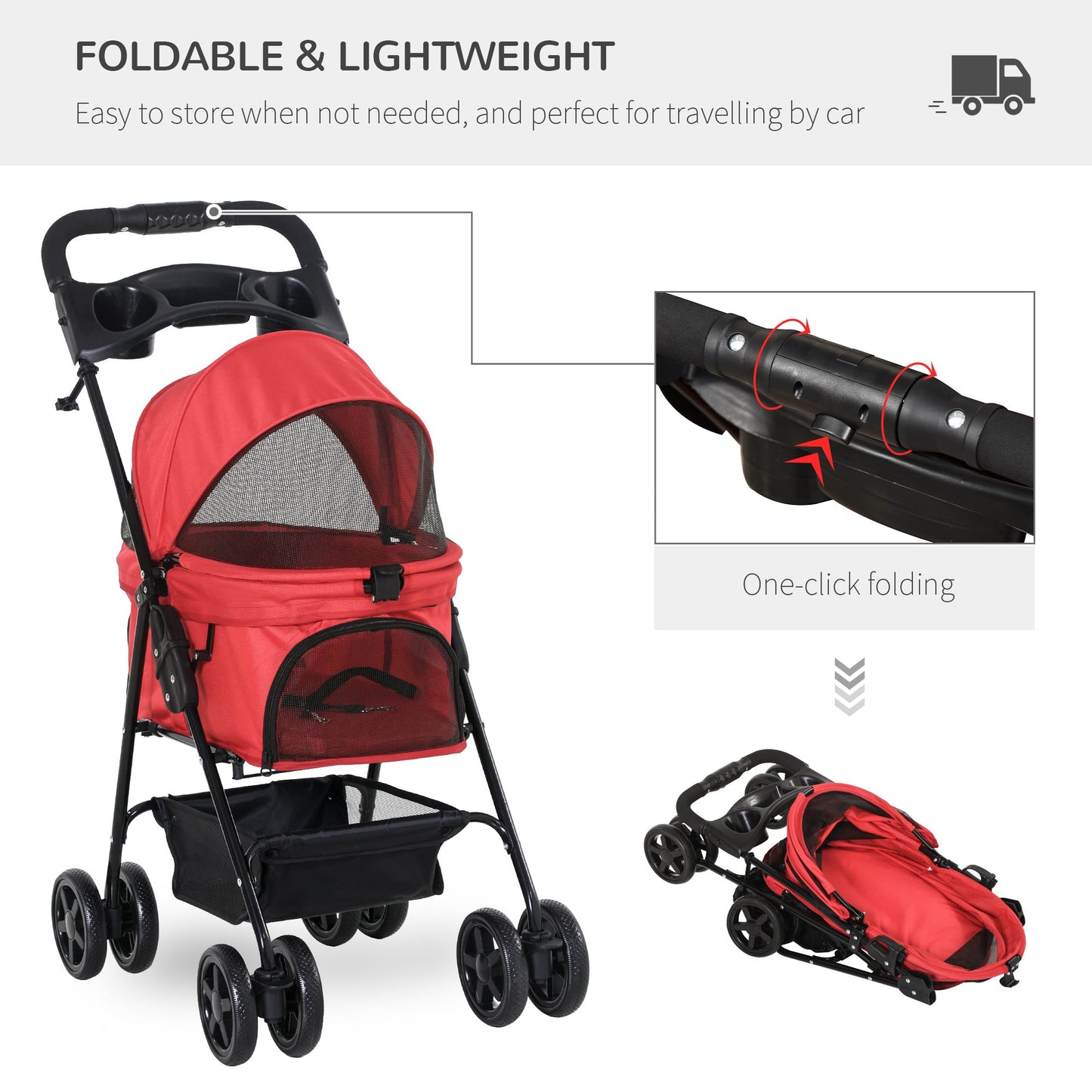 Pet Stroller No-Zip Foldable Travel Carriage with Brake Basket Adjustable Canopy
