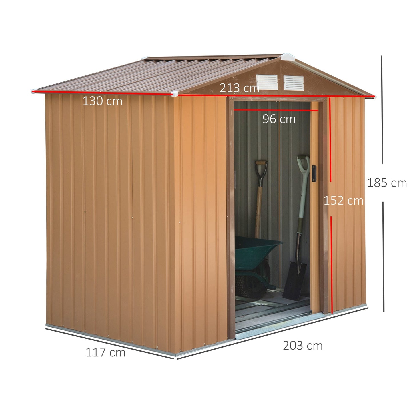 7 x 4ft Lockable Garden Shed Large Patio Roofed Tool Metal Storage Building Foundation Sheds - Khaki