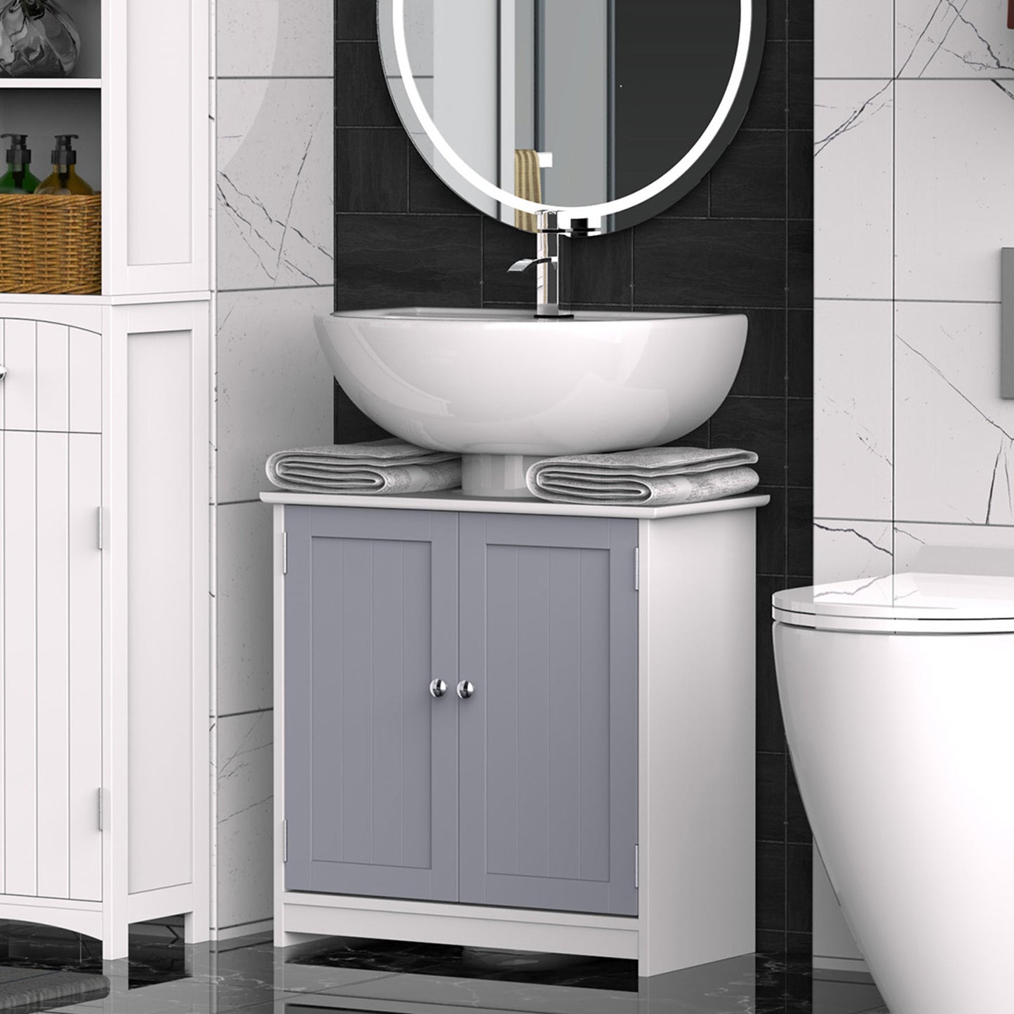 60x60cm Under-Sink Storage Cabinet with Adjustable Shelf Bathroom Cabinet Space Saver Organizer Floor Cabinet White and Grey