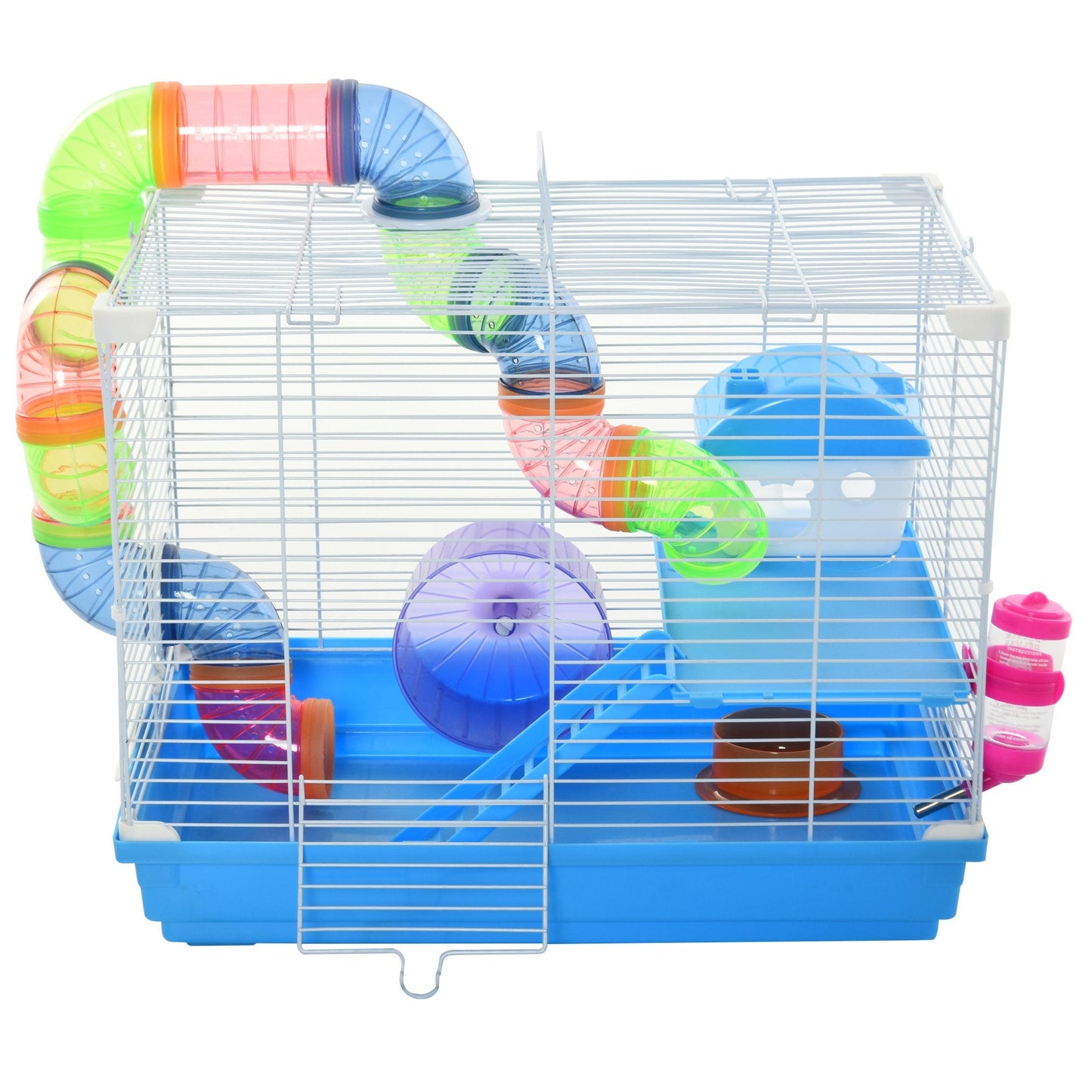 2 Tier Hamster Cage Carrier Habitat Small Animal House with Exercise Wheels Tunnel Tube Water Bottle Dishes House Ladder for Dwarf Mice, Blue w/