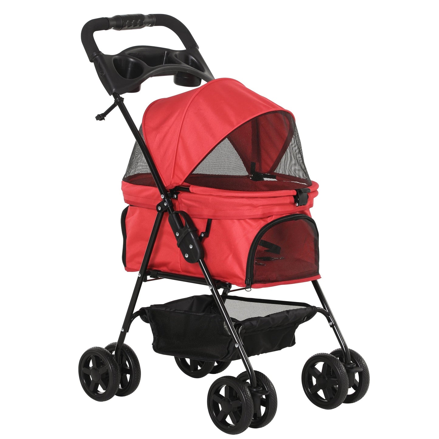 Pet Stroller No-Zip Foldable Travel Carriage with Brake Basket Adjustable Canopy