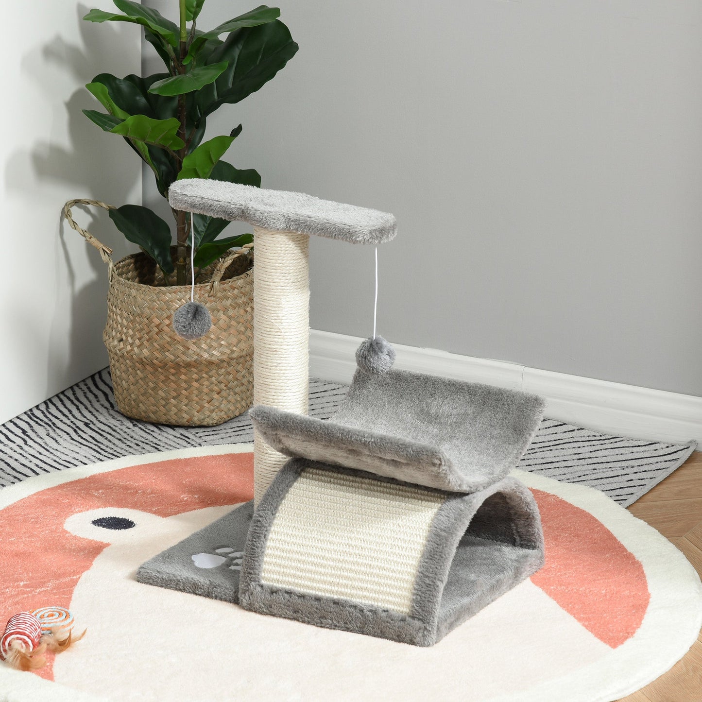 Cat Tree Plush Kitty Activity Center Top Bar Tunnel Dangling Ball Light Grey