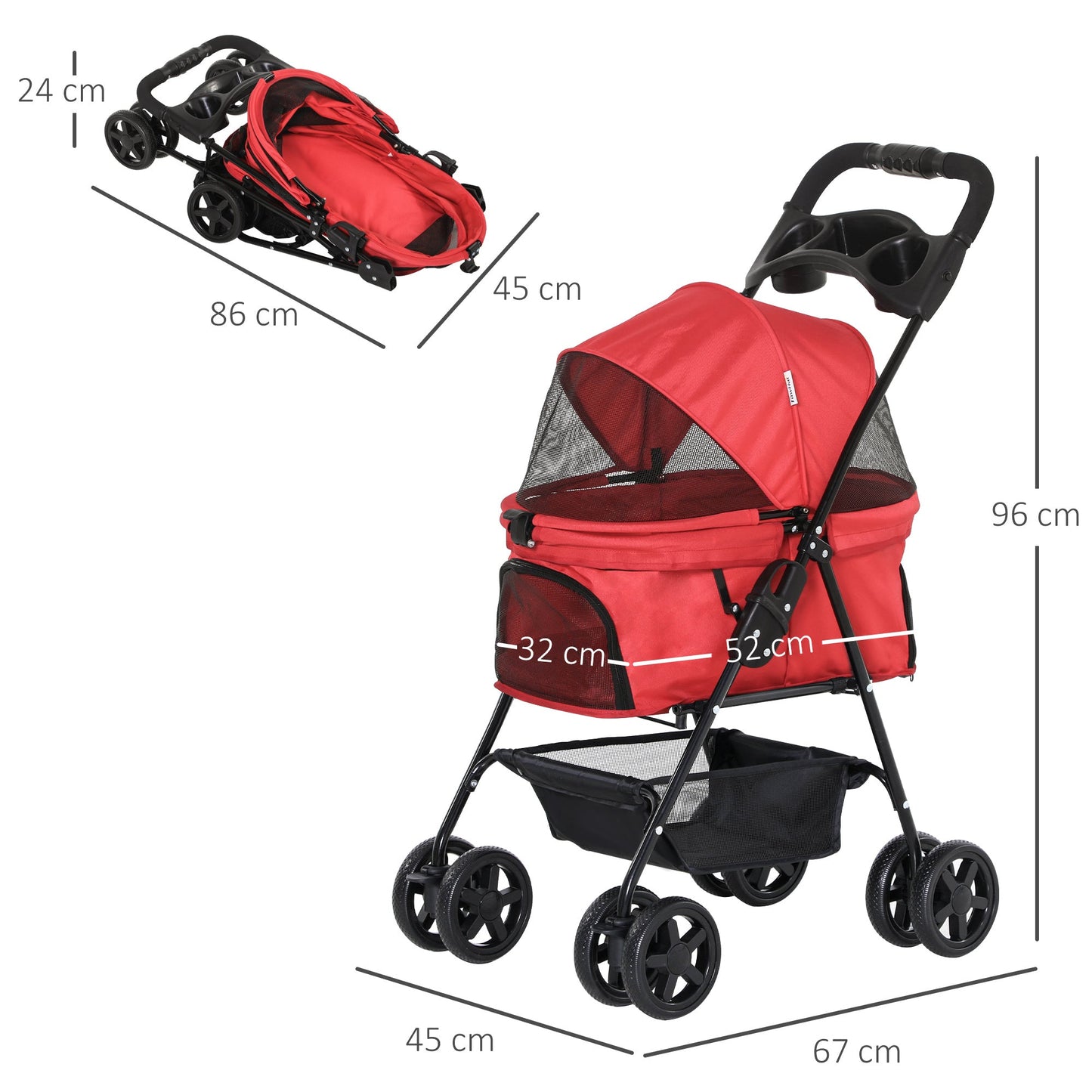Pet Stroller No-Zip Foldable Travel Carriage with Brake Basket Adjustable Canopy