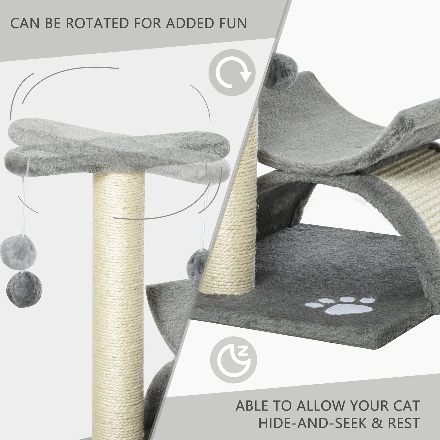 Cat Tree Plush Kitty Activity Center Top Bar Tunnel Dangling Ball Light Grey