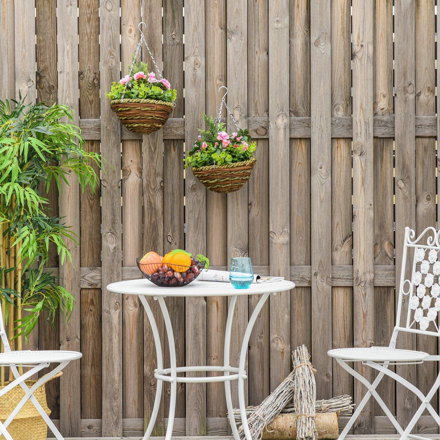 Pack of 2 Artificial Lisianthus Flowers Hanging Planter with Basket for Indoor Outdoor Decoration