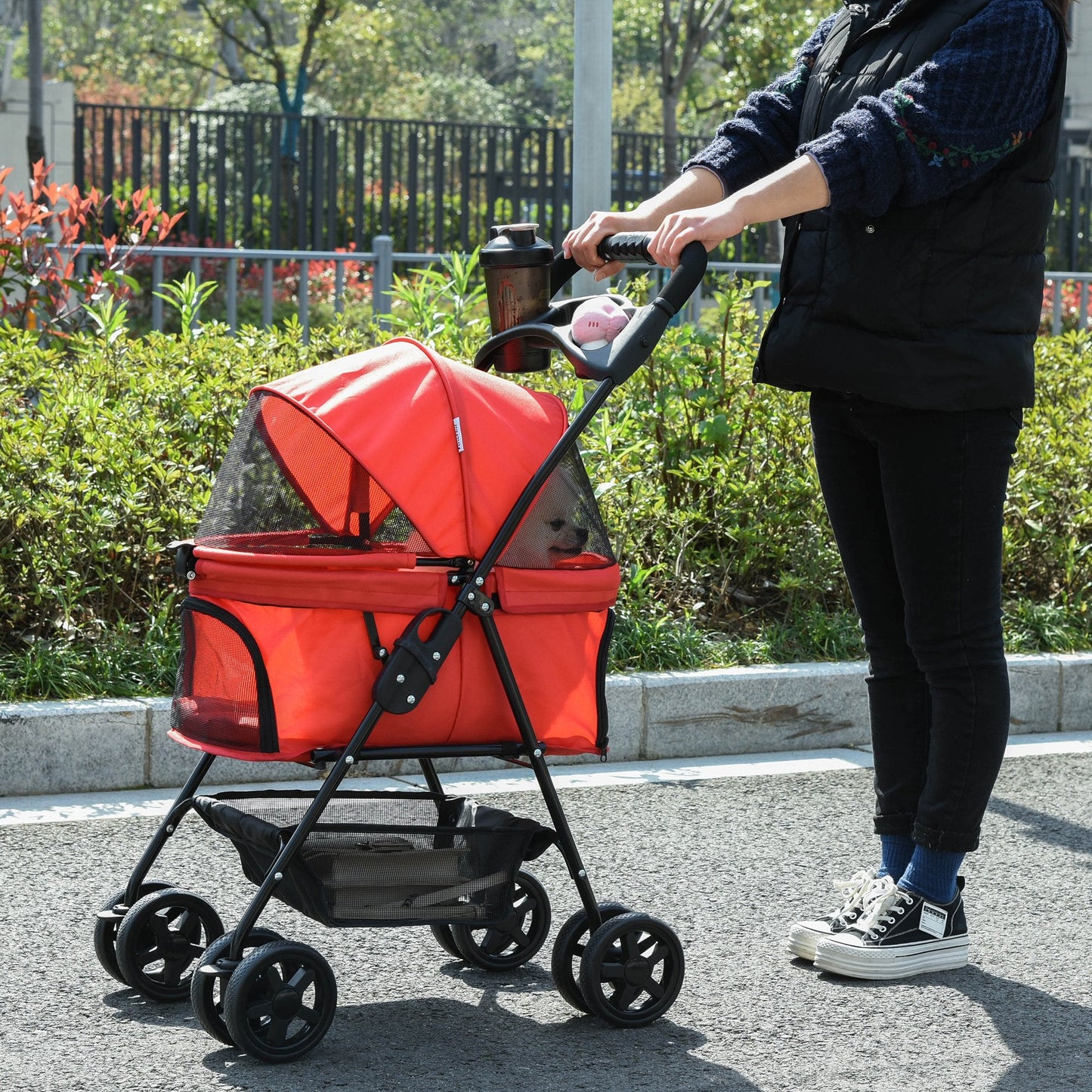 Pet Stroller No-Zip Foldable Travel Carriage with Brake Basket Adjustable Canopy