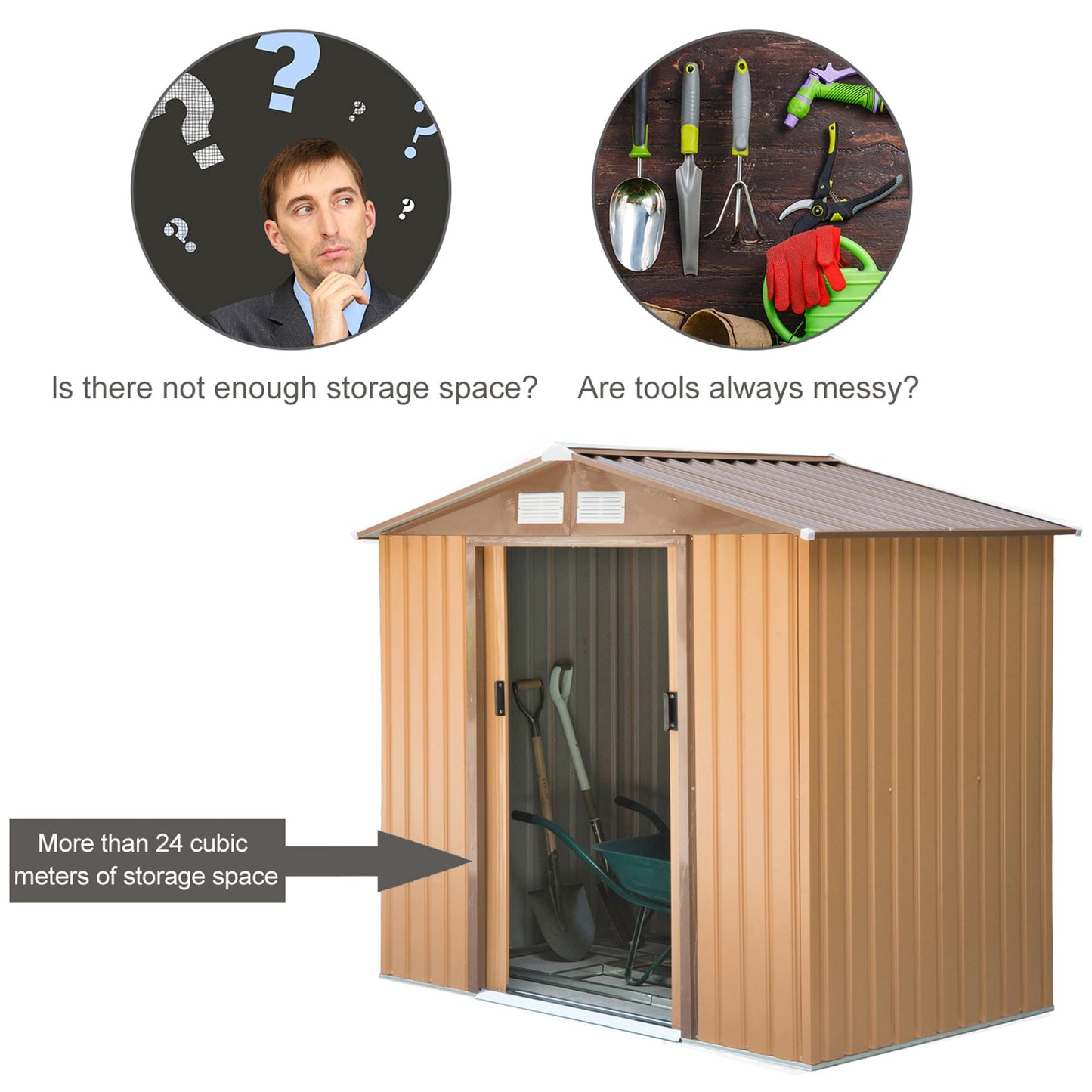 7 x 4ft Lockable Garden Shed Large Patio Roofed Tool Metal Storage Building Foundation Sheds - Khaki