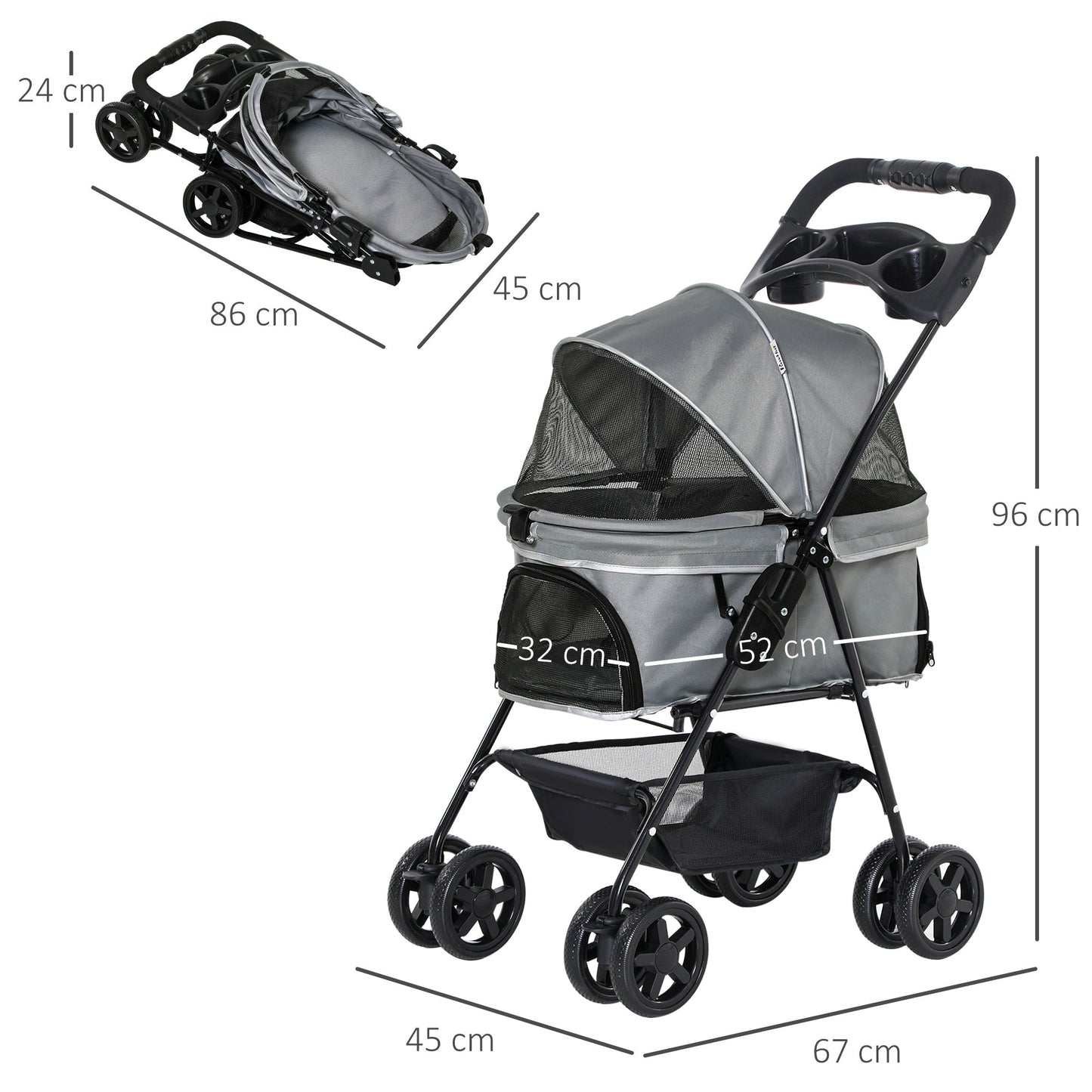 Pet Stroller No-Zip Foldable Travel Carriage with Brake Basket Adjustable Canopy