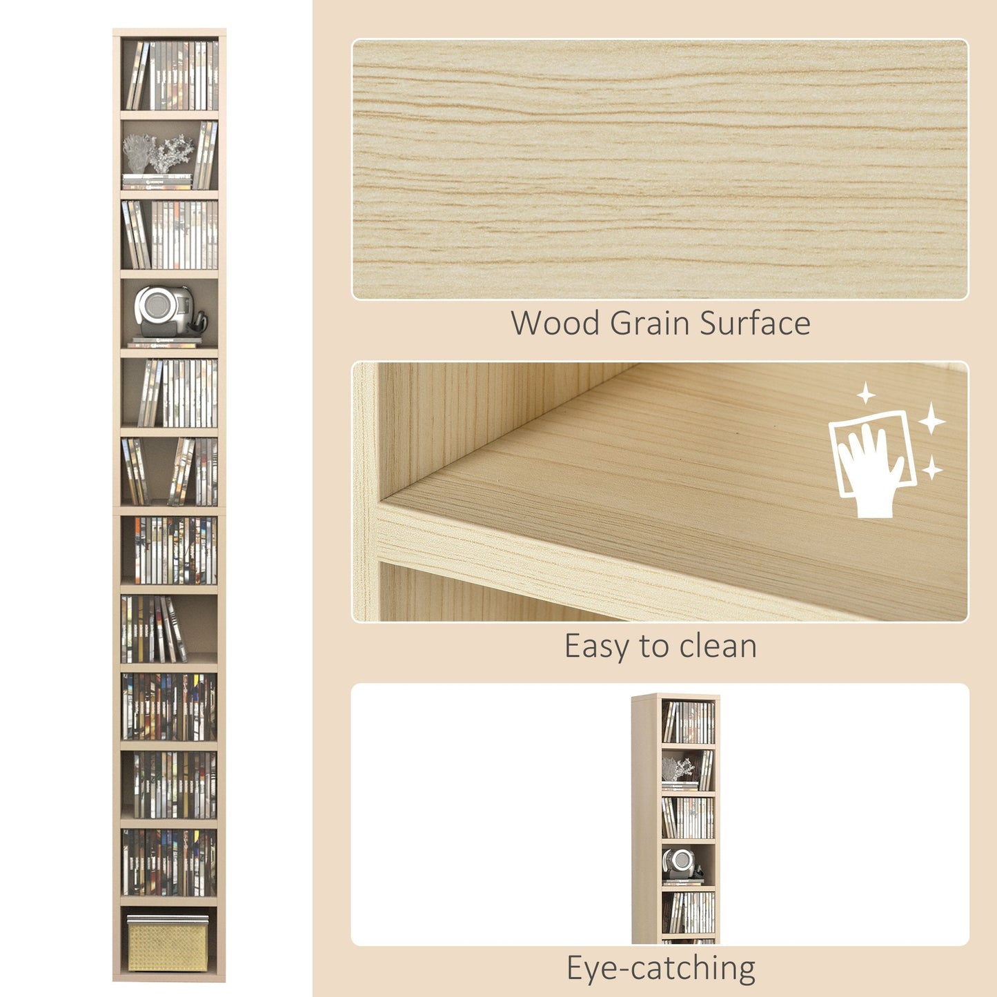 12-tier Media Storage Cabinet 204 CDs Shelf Tower Multimedia Organizer Rack Stand Bookcase Display Unit