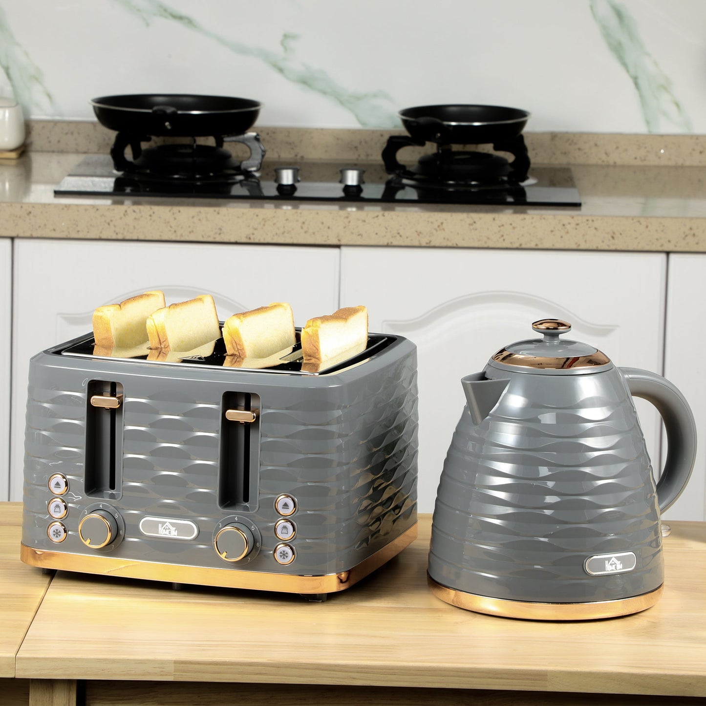 Kettle and Toaster Sets, 1600W 1.7L Rapid Boil Kettle & 4 Slice Toaster W/7 Browning Controls, Defrost, Reheat and Crumb Tray, Otter thermostat, Grey