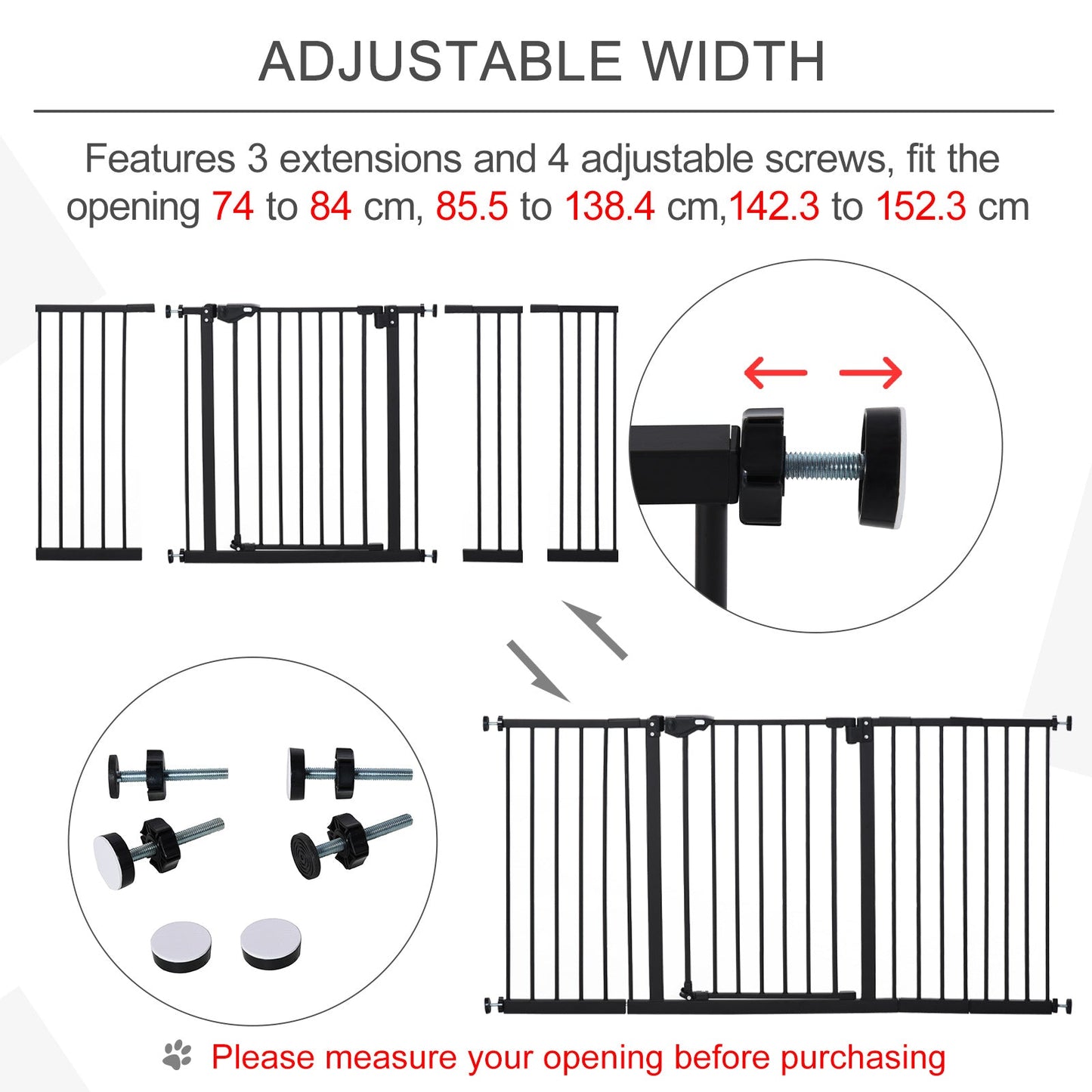Pet Safety Gate Retractable Divider Home w/ 3 Extensions and Adjustable Screws