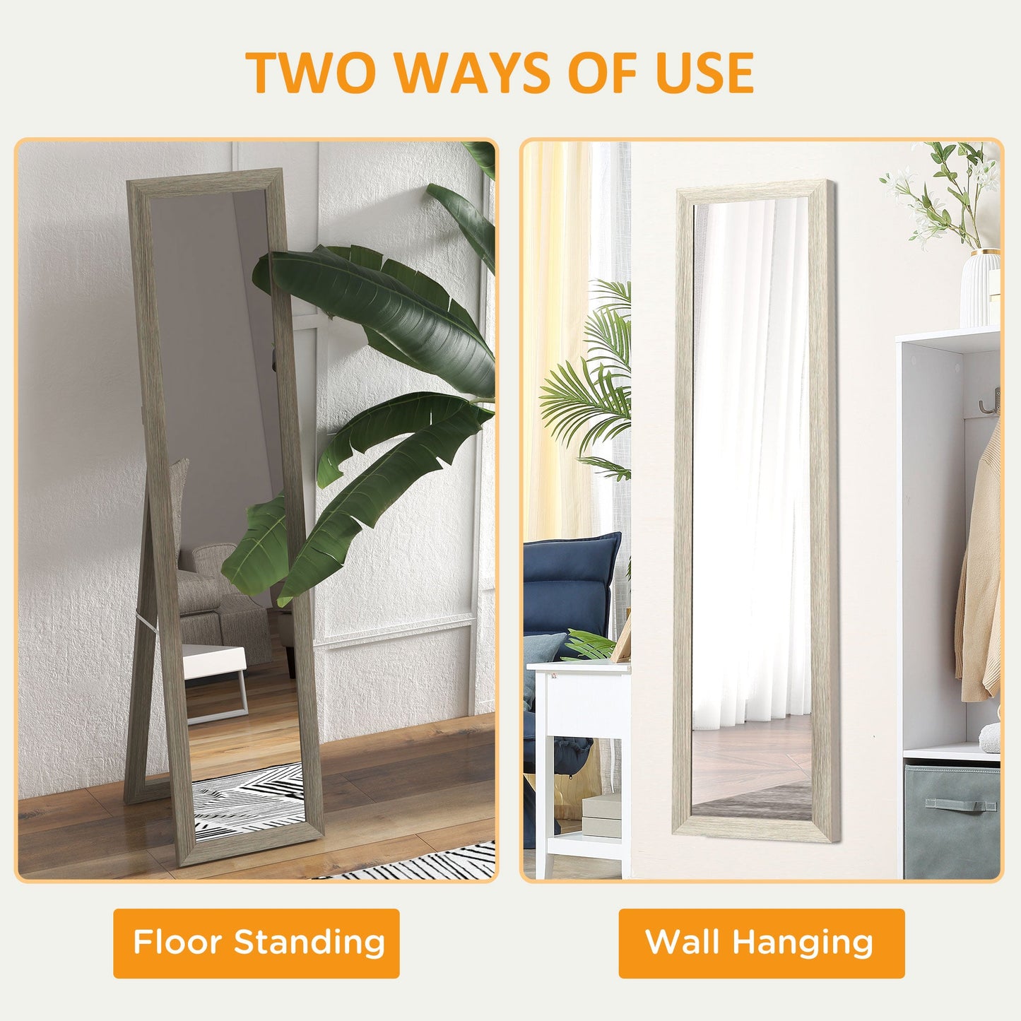 Rustic Full Length Mirror, Hanging and Freestanding Floor Mirror, Farmhouse Decorative Wall Mirror, for Living Room, Bedroom, 157 cm, Grey