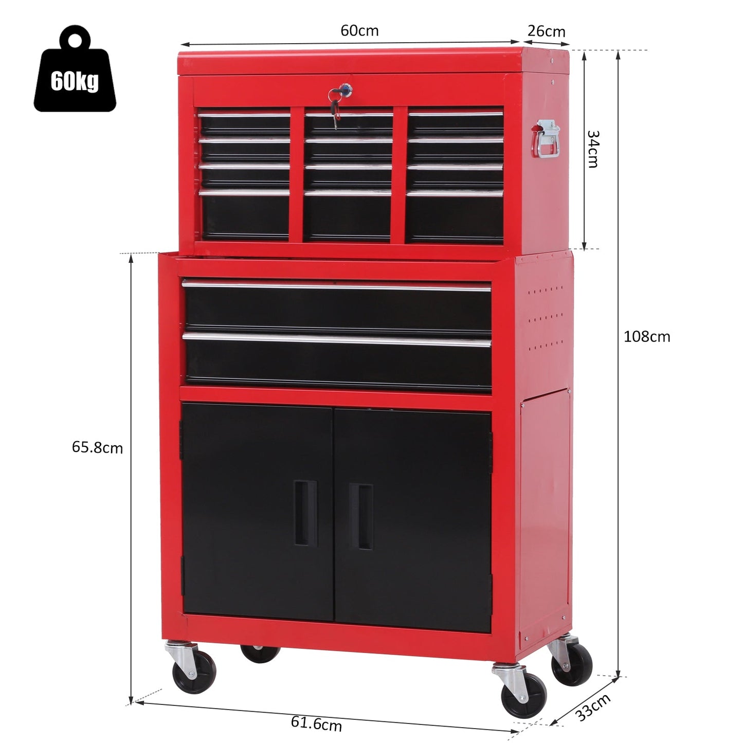 Metal ToolboxTrolley Portable Chest Box Rollcab Cabinet Garage Storage 6 Drawers-Black/Red