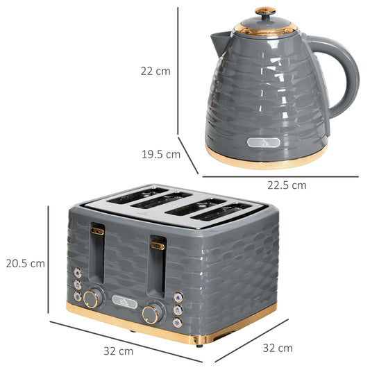 Kettle and Toaster Sets, 1600W 1.7L Rapid Boil Kettle & 4 Slice Toaster W/7 Browning Controls, Defrost, Reheat and Crumb Tray, Otter thermostat, Grey