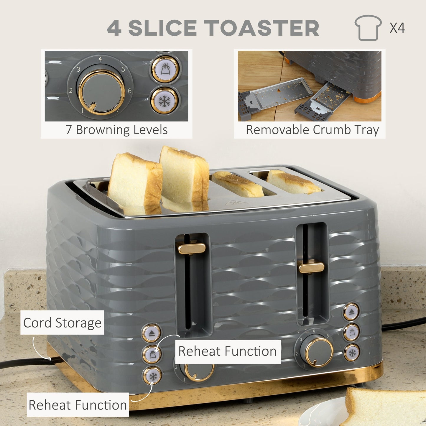 Kettle and Toaster Sets, 1600W 1.7L Rapid Boil Kettle & 4 Slice Toaster W/7 Browning Controls, Defrost, Reheat and Crumb Tray, Otter thermostat, Grey