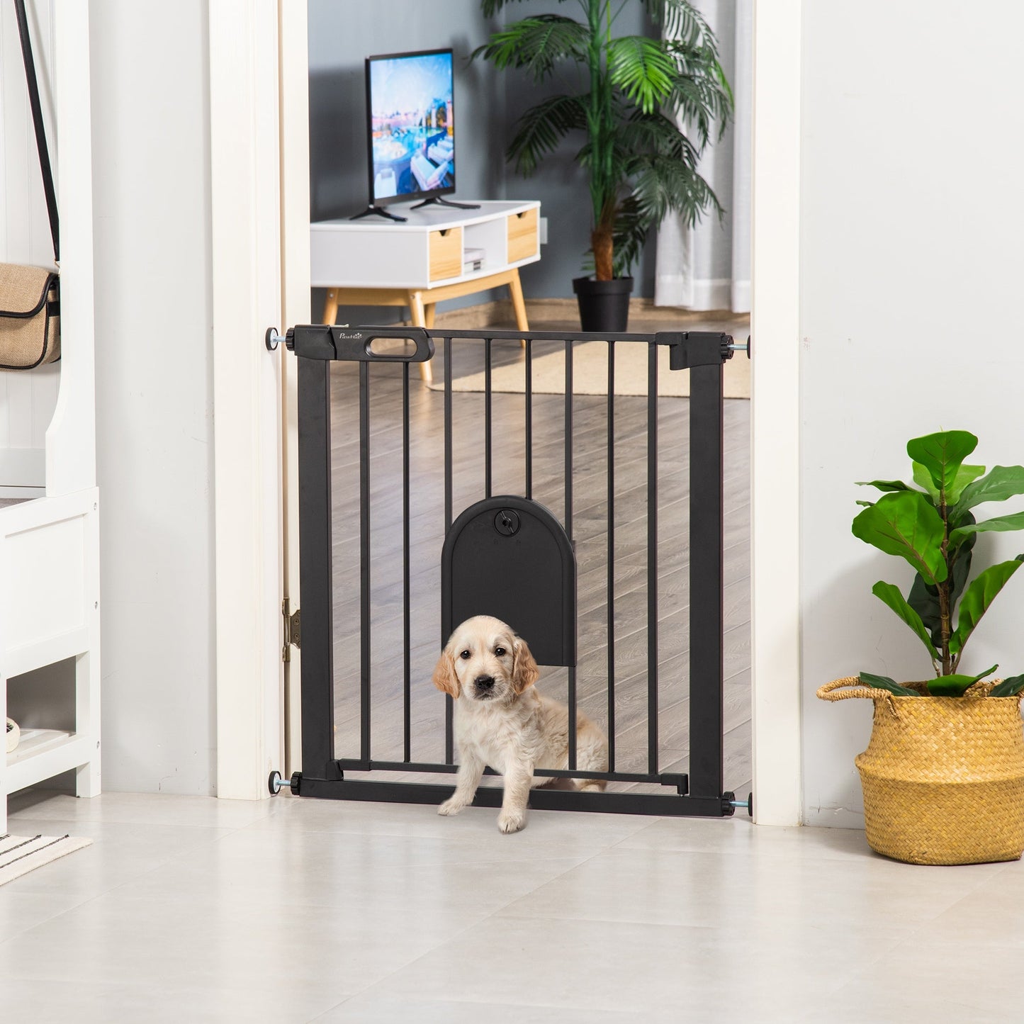 75-82 cm Pet Safety Gate Barrier, Stair Pressure Fit, w/ Small Door, Auto Close, Double Locking, for Doorways, Hallways, Black