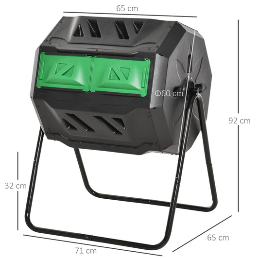 160L Tumbling Compost Bin Outdoor Dual Chamber 360° Rotating Composter, Garden Compost Bin w/ Sliding Doors & Solid Steel Frame, Black
