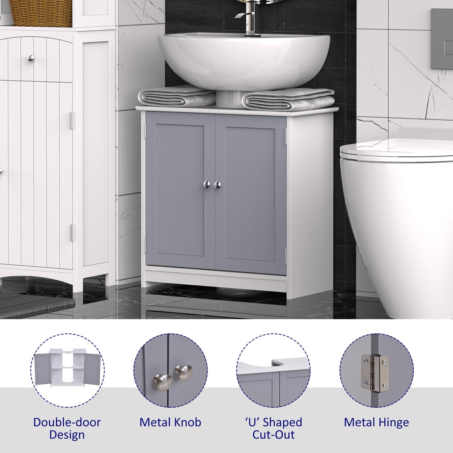 60x60cm Under-Sink Storage Cabinet with Adjustable Shelf Bathroom Cabinet Space Saver Organizer Floor Cabinet White and Grey
