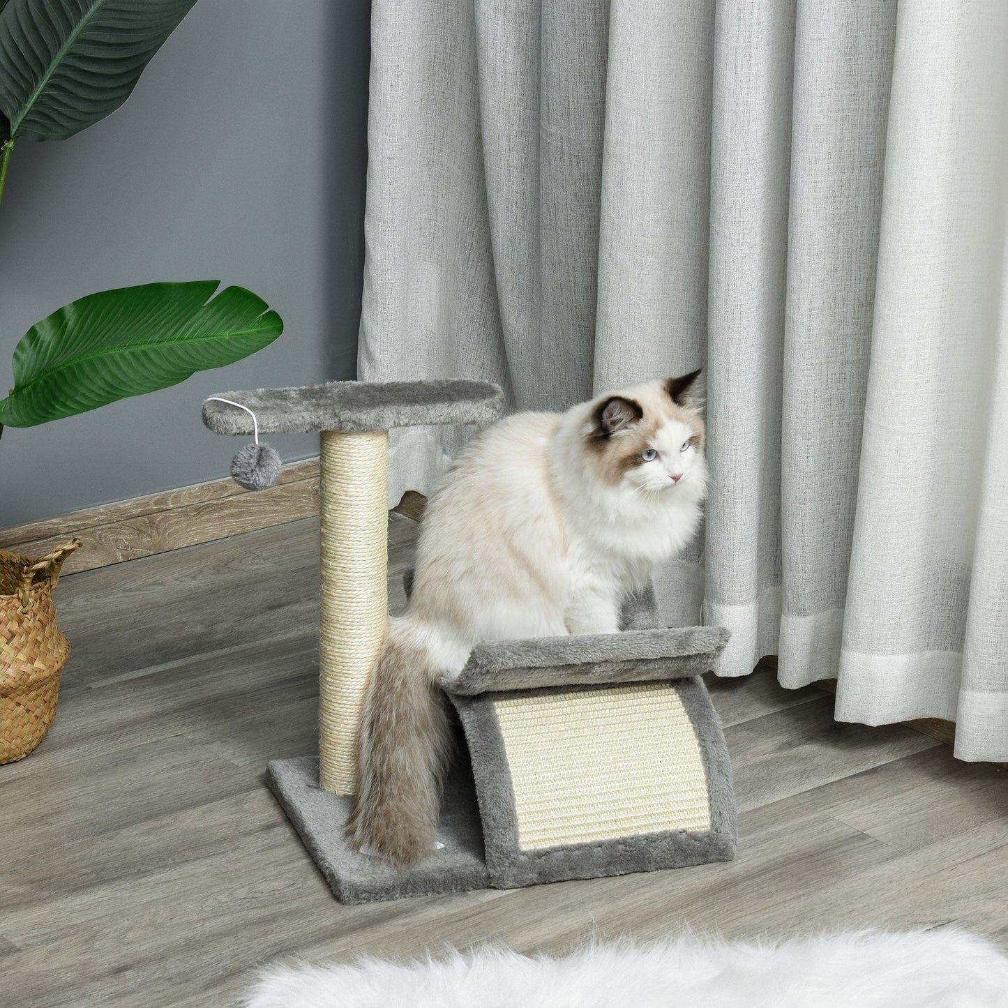 Cat Tree Plush Kitty Activity Center Top Bar Tunnel Dangling Ball Light Grey