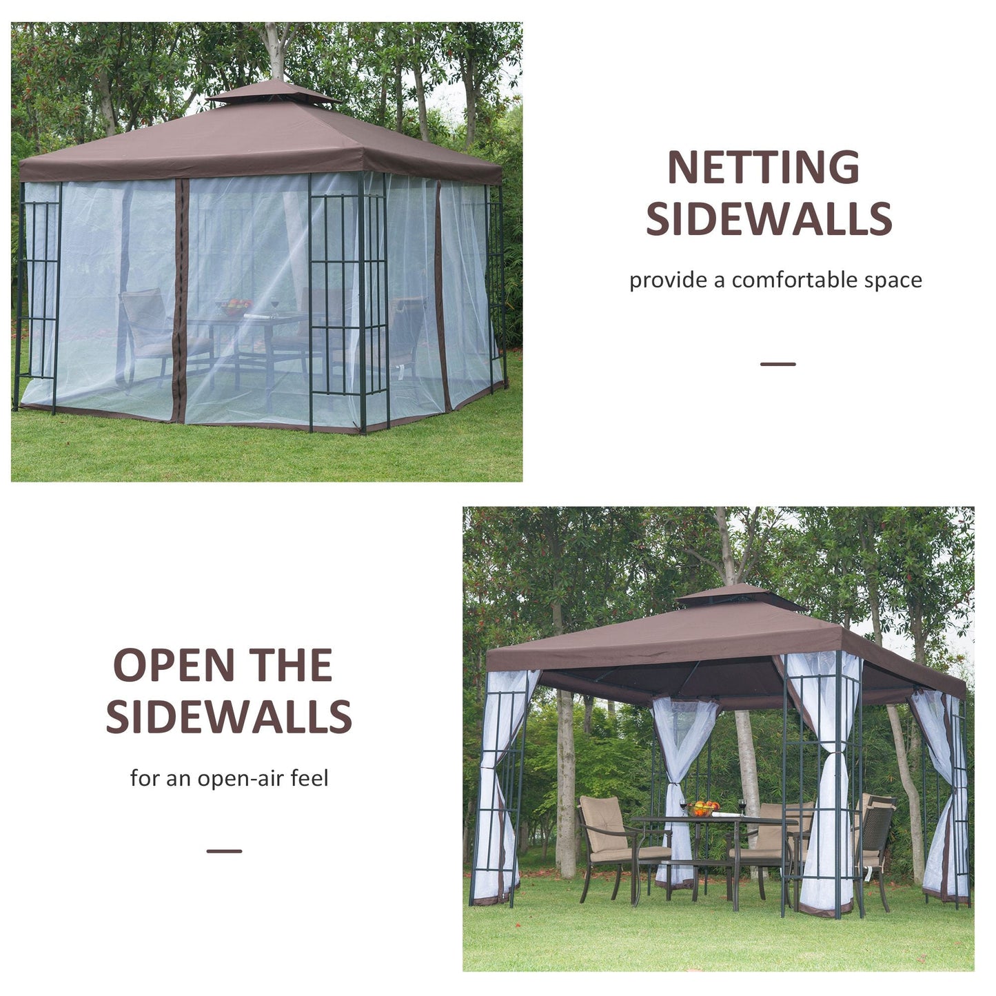 Two-Tier Gazebo with Netting Metal Party Tent Canopy, 3m x3m Coffee Marquee Canopy Pavillion Patio Garden Shelter Steel Frame with mesh sidewall and Water strip Brown