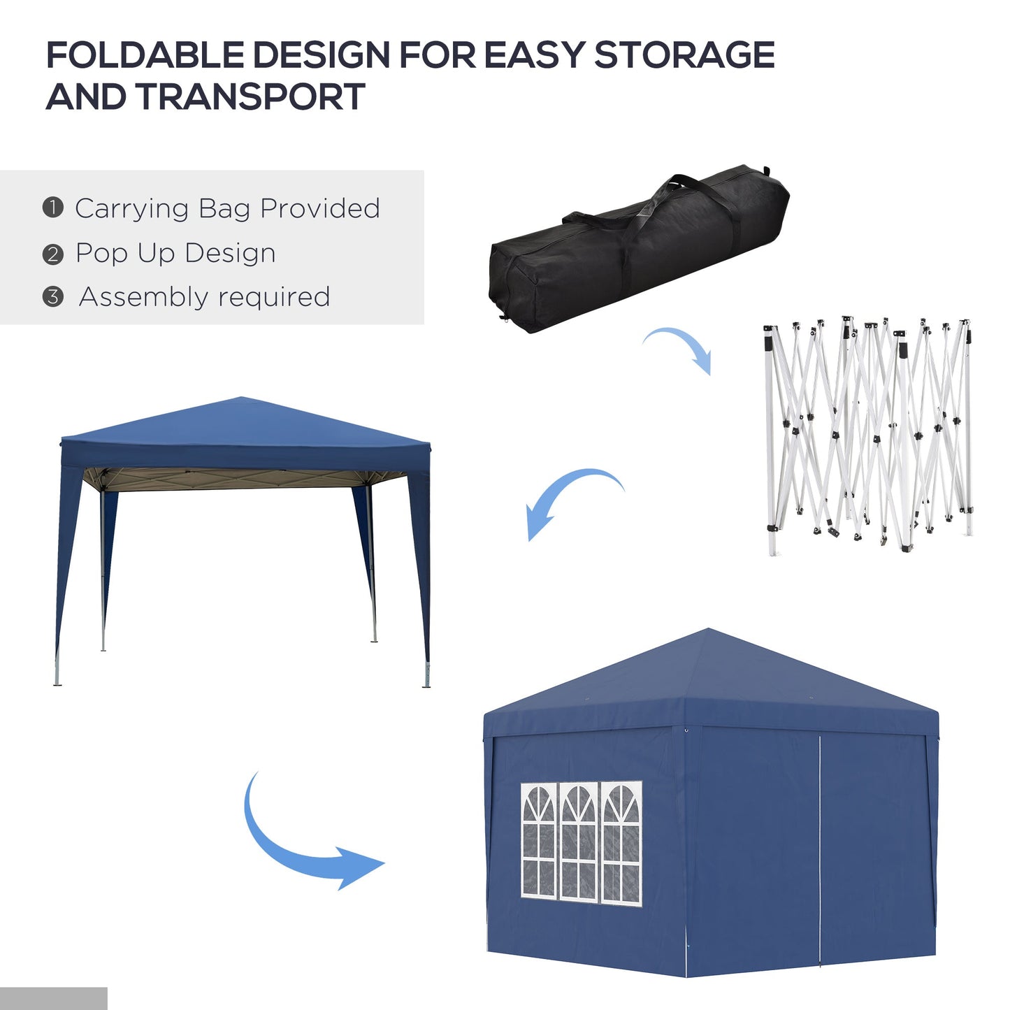 3 x 3m Pop-Up Outdoor Gazebo, with Removable Walls - Blue
