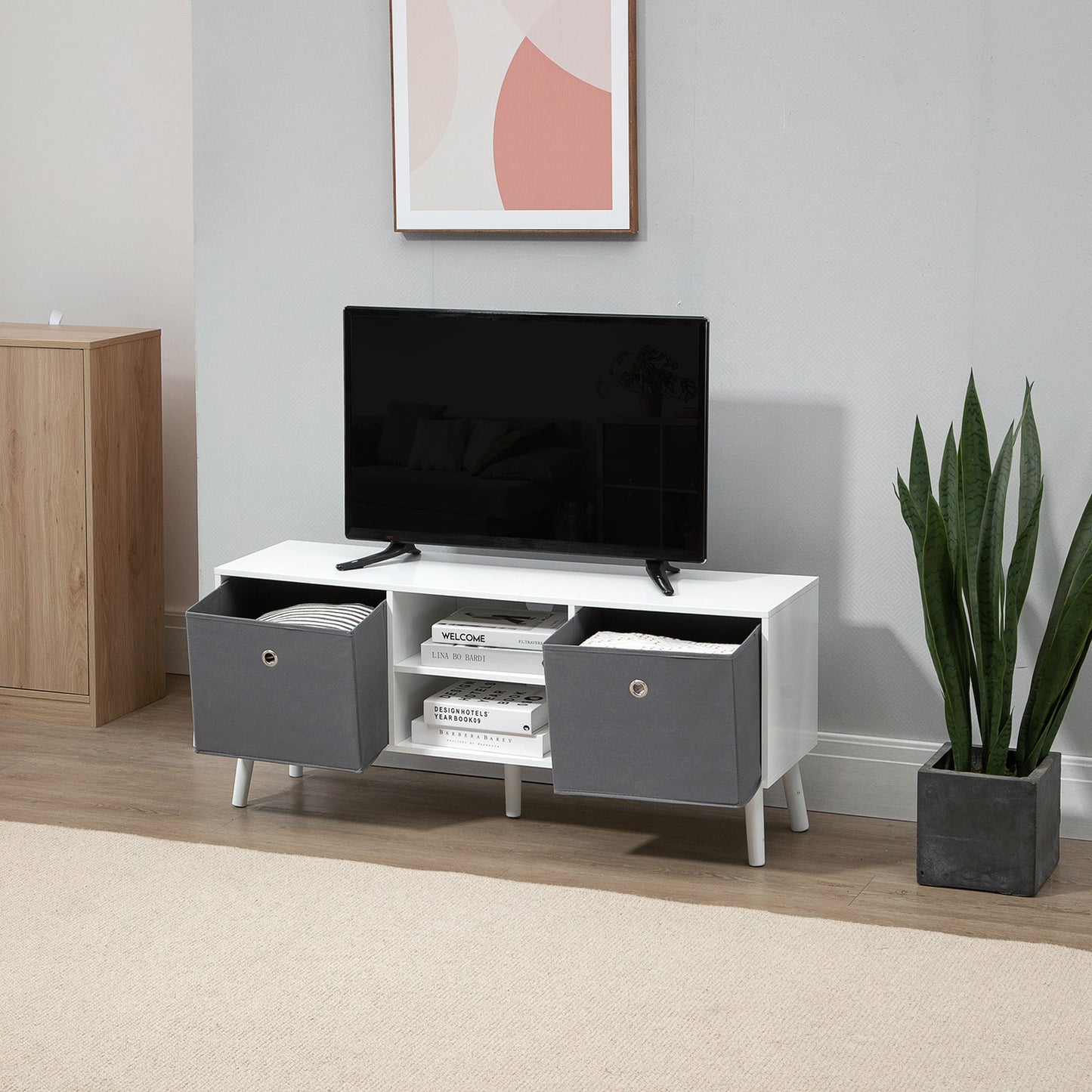 TV Cabinet Stand Unit for TVs up to 50'' Flat Screen with Foldable Drawers and Shelves, Entertainment Center for Living Room, Bedroom
