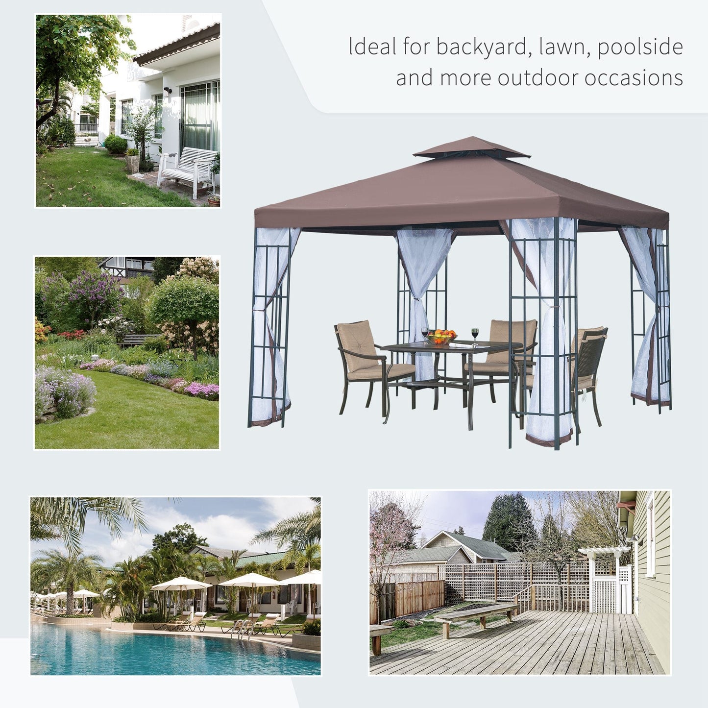 Two-Tier Gazebo with Netting Metal Party Tent Canopy, 3m x3m Coffee Marquee Canopy Pavillion Patio Garden Shelter Steel Frame with mesh sidewall and Water strip Brown