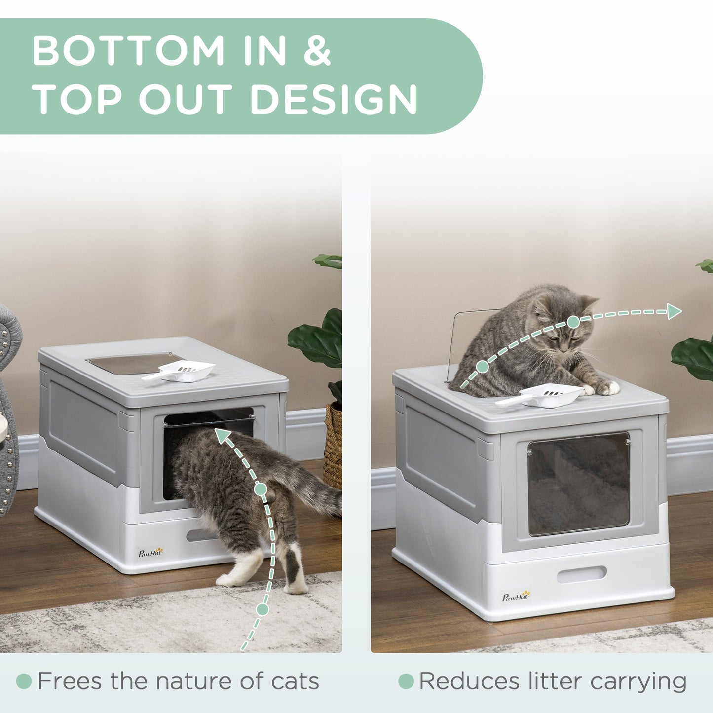 Hooded Cat Litter Box Scoop Included Litter-Tray with Front Entry Top-Exit, Portable Pet Toilet W/ Large Space, Easy Assemble, 47.5x35.5x36.7cm, Grey
