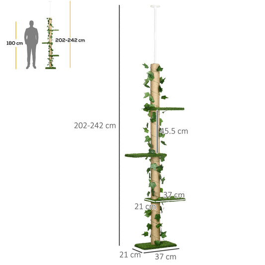 242cm Floor to Ceiling Cat Tree, Height Adjustable Kitten Tower with Anti-slip Kit, Green