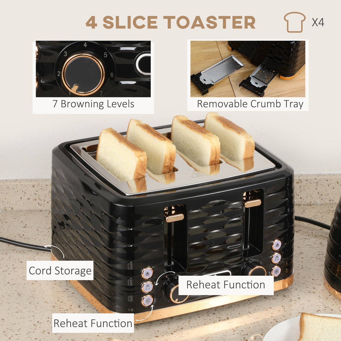 Kettle and Toaster Sets 1600W 1.7L Rapid Boil Kettle & 4 Slice Toaster W/7 Browning Controls, Defrost, Reheat and Crumb-Tray, Otter thermostat, Black