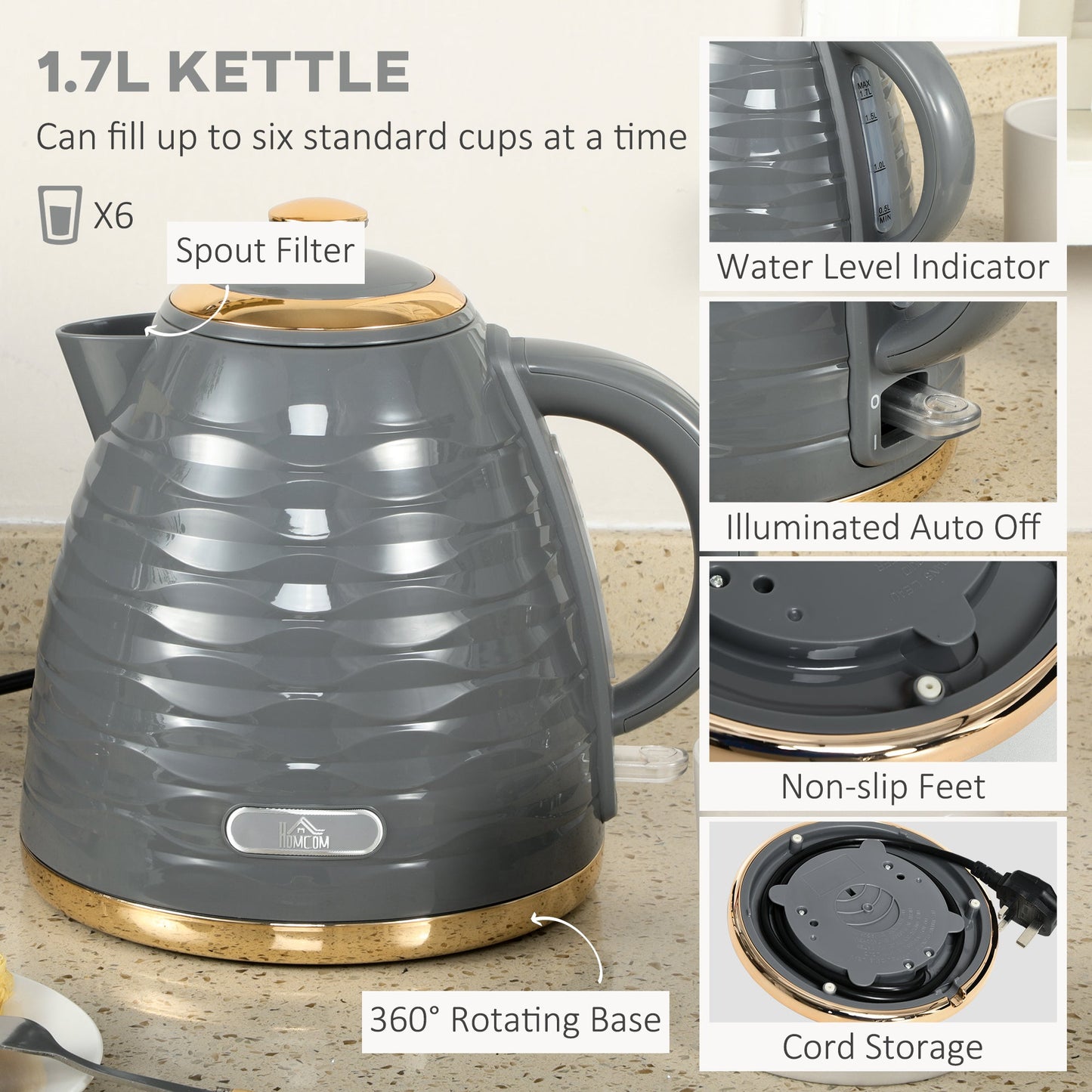 Kettle and Toaster Sets, 1600W 1.7L Rapid Boil Kettle & 4 Slice Toaster W/7 Browning Controls, Defrost, Reheat and Crumb Tray, Otter thermostat, Grey