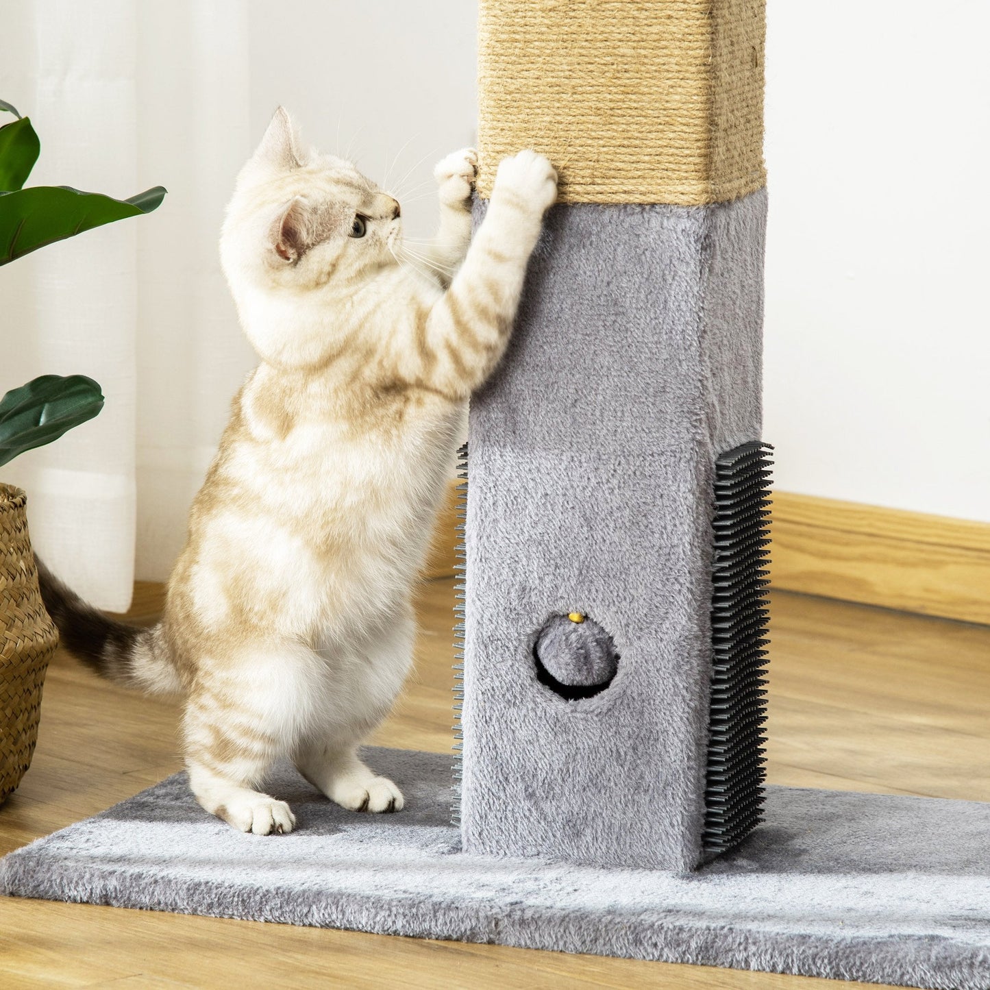 Cat Scratching Post, 79cm Tall Jute Scratcher Climber, Cat Tree Activity Center with Carpet Base, Dangling Ball, Grey w/ Ball Base