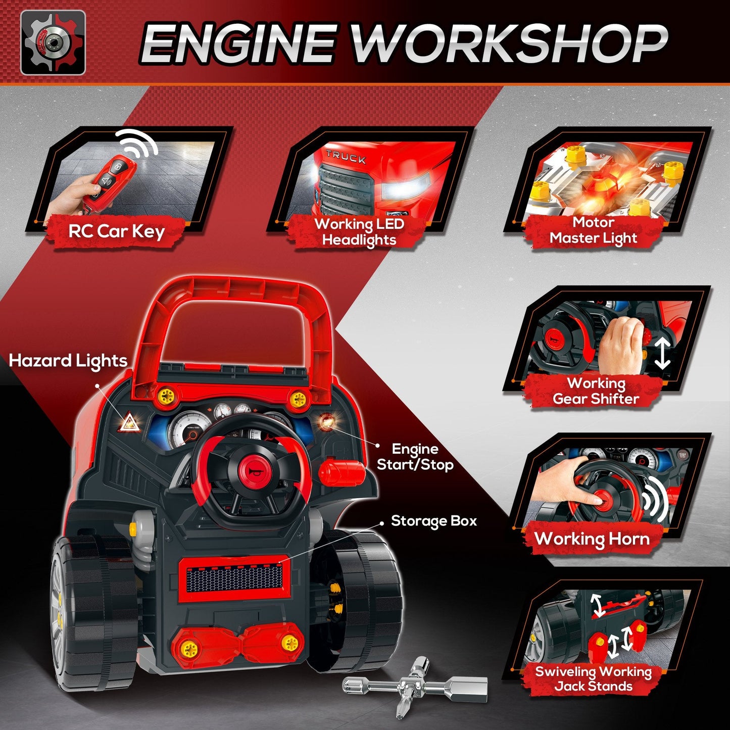 Kids Truck Engine Toy Set, Toddler Edu Car Service Station Playset, Workshop, W/RC Car key, Steering-wheel, Horn, Light, for 3-5 Years Old Red Set Key