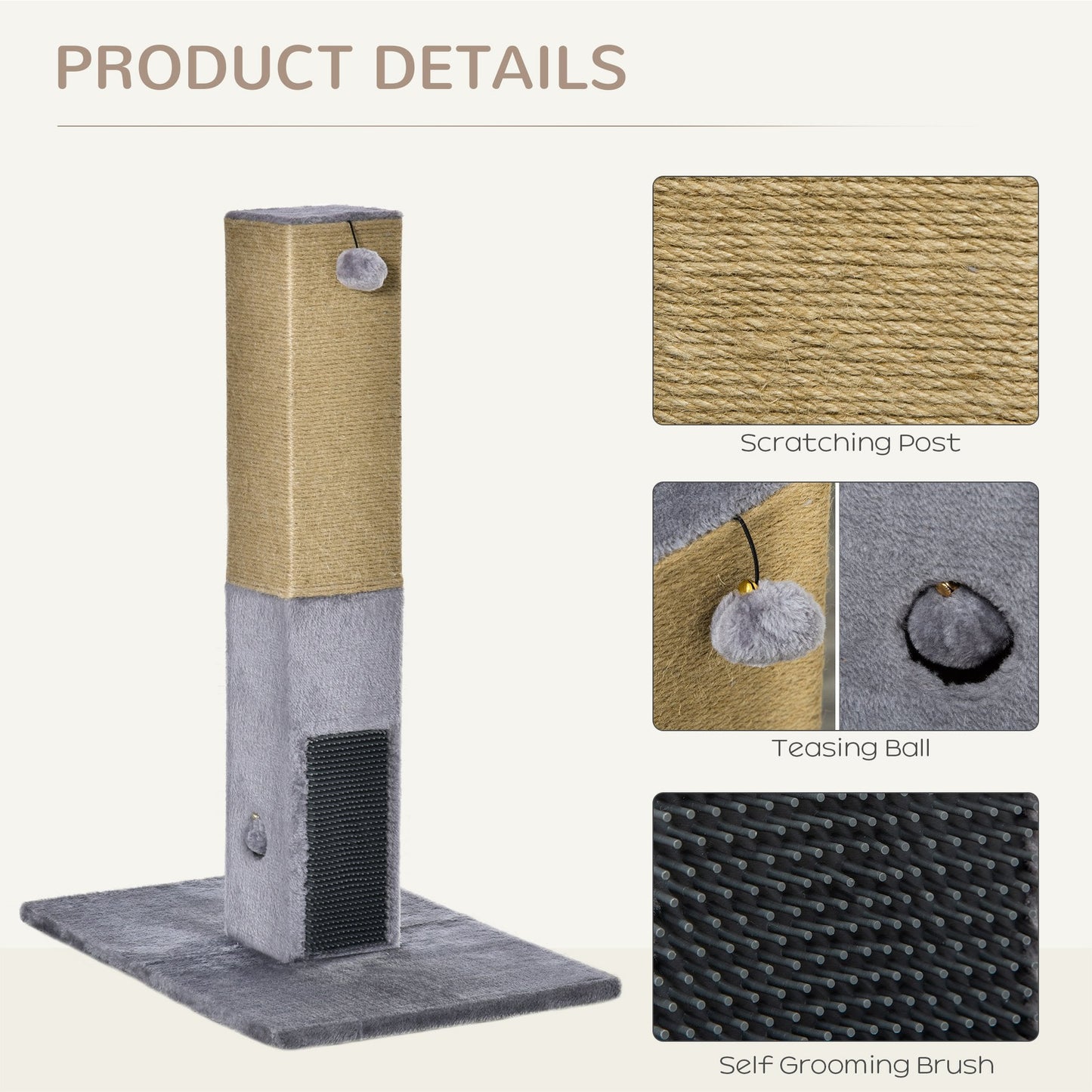 Cat Scratching Post, 79cm Tall Jute Scratcher Climber, Cat Tree Activity Center with Carpet Base, Dangling Ball, Grey w/ Ball Base
