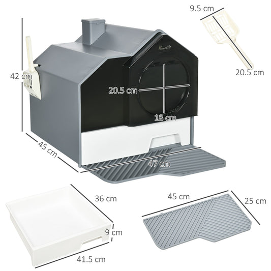 Hooded Cat Litter Tray with Scoop, Cat Litter Box with Drawer Pan, Handle, Deodorants, Hut Design, Front Entrance, 47 x 45 x 42 cm, Grey