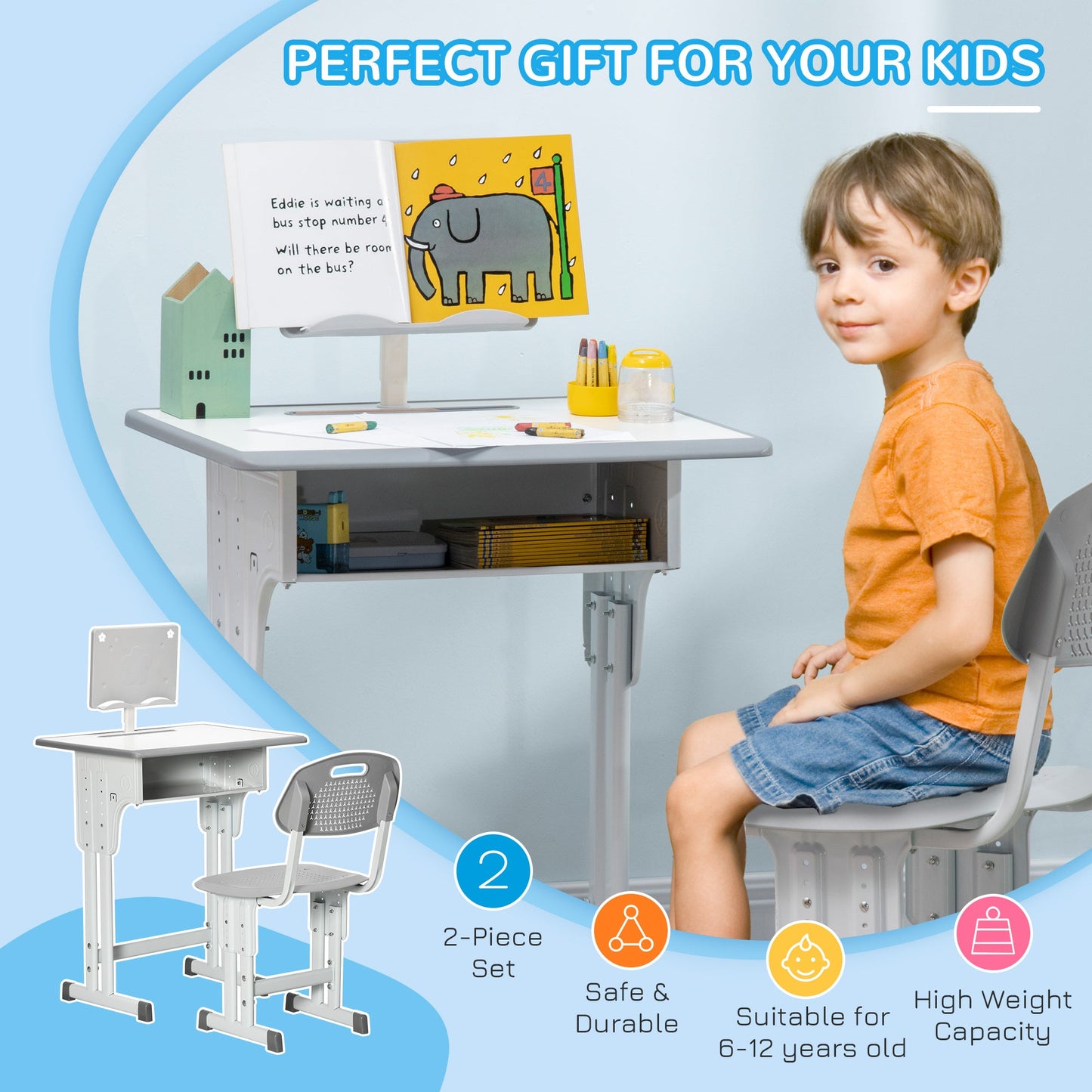 Kids Desk and Chair Set, Height Adjustable Study Table Set, Grey