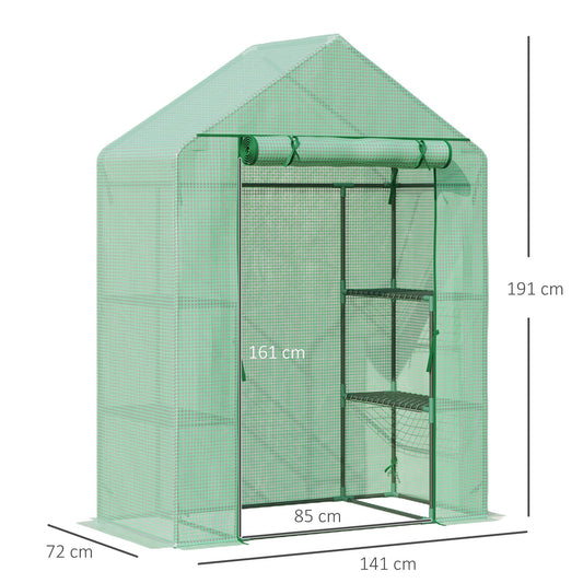 Walk In Greenhouse for Outdoor, Portable Gardening Plant Grow House with 2 Tier Shelf, Roll-Up Zippered Door, PE Cover, 141x72x191cm, Green